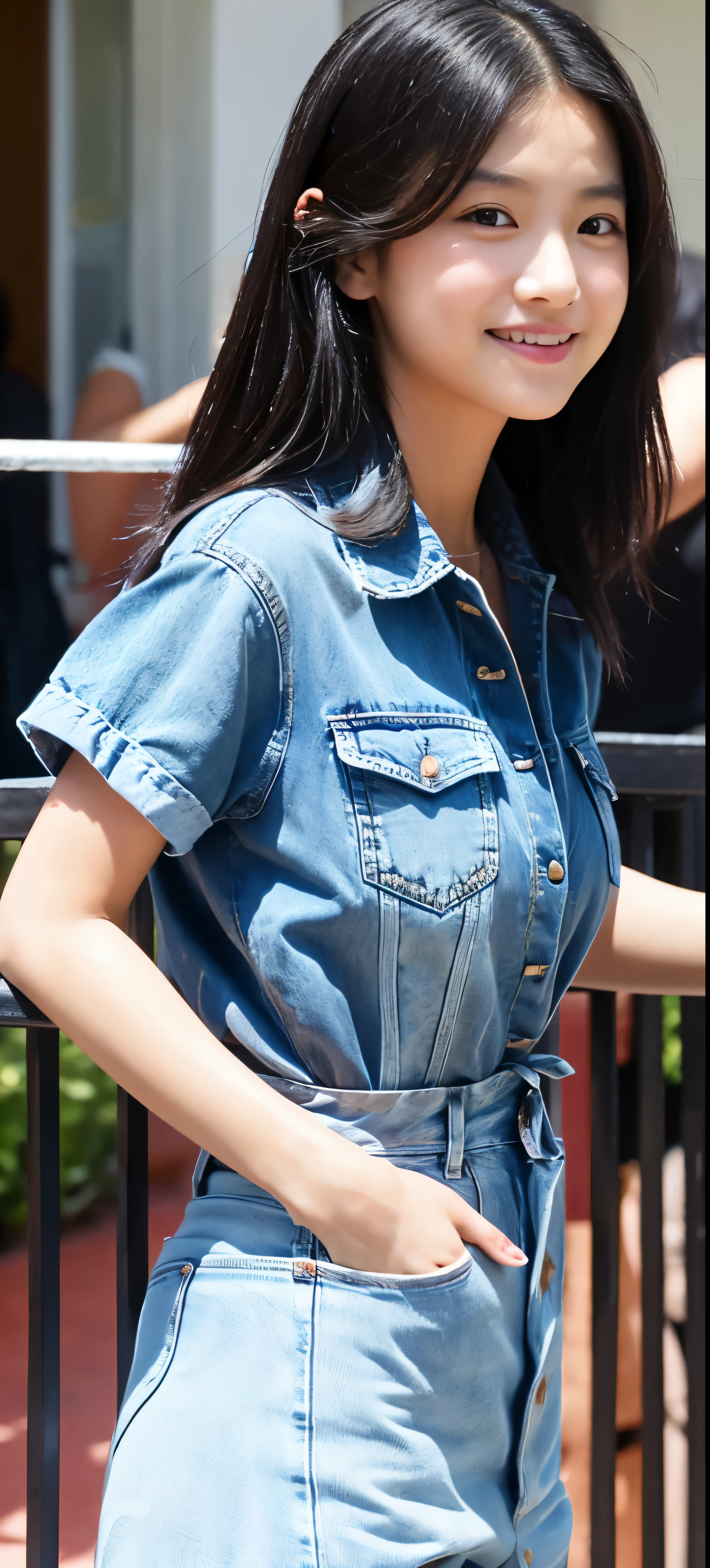 1 girl, indonesian girl, 23 years old, (black hair super-long 1 meters), (very beautiful face, very sweet, sharp eyes like an angel from heaven ), (beautiful hair), actress, smile, shiny skin, best quality, masterpiece, (photorealistic:1.4), terrace seating, asian, indonesian, jakarta, denim long skirt (realistic fabric), white short sleeves (cotton fabric), (no logo), thin fingers