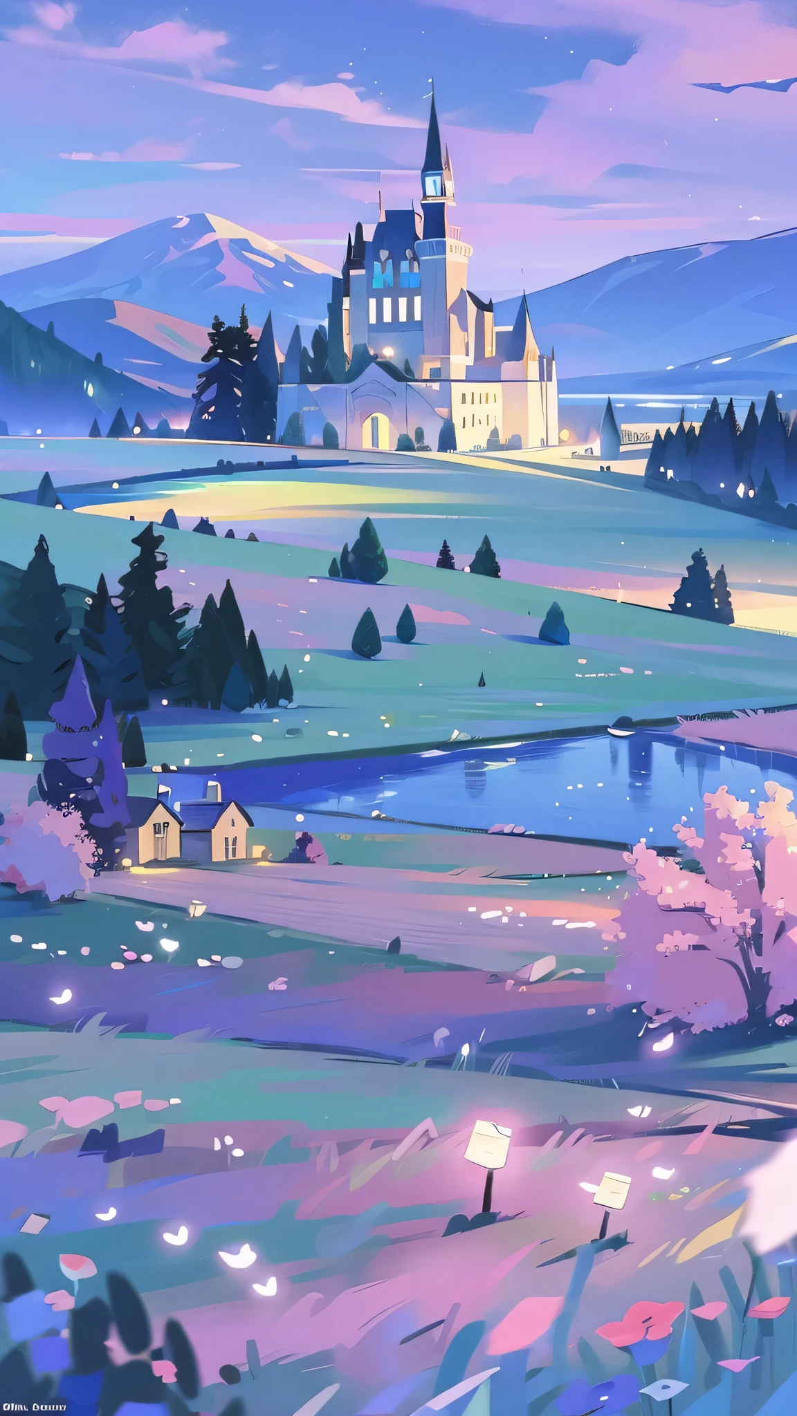 masterpiece, best quality, 8K resolution, sharp focus, intricate details, Beautiful scenery, fantasy storybook castle, magic landscape, colorful, whimsical, magic, High resolution, fine details, fantasy, lake, flowers, garden, village, (huge castle), colorful beautiful sky