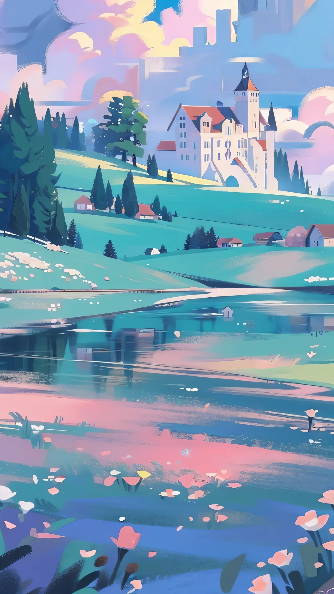 masterpiece, best quality, 8K resolution, sharp focus, intricate details, Beautiful scenery, fantasy storybook castle, magic landscape, colorful, whimsical, magic, High resolution, fine details, fantasy, lake, flowers, garden, village, (huge castle), colorful beautiful sky
