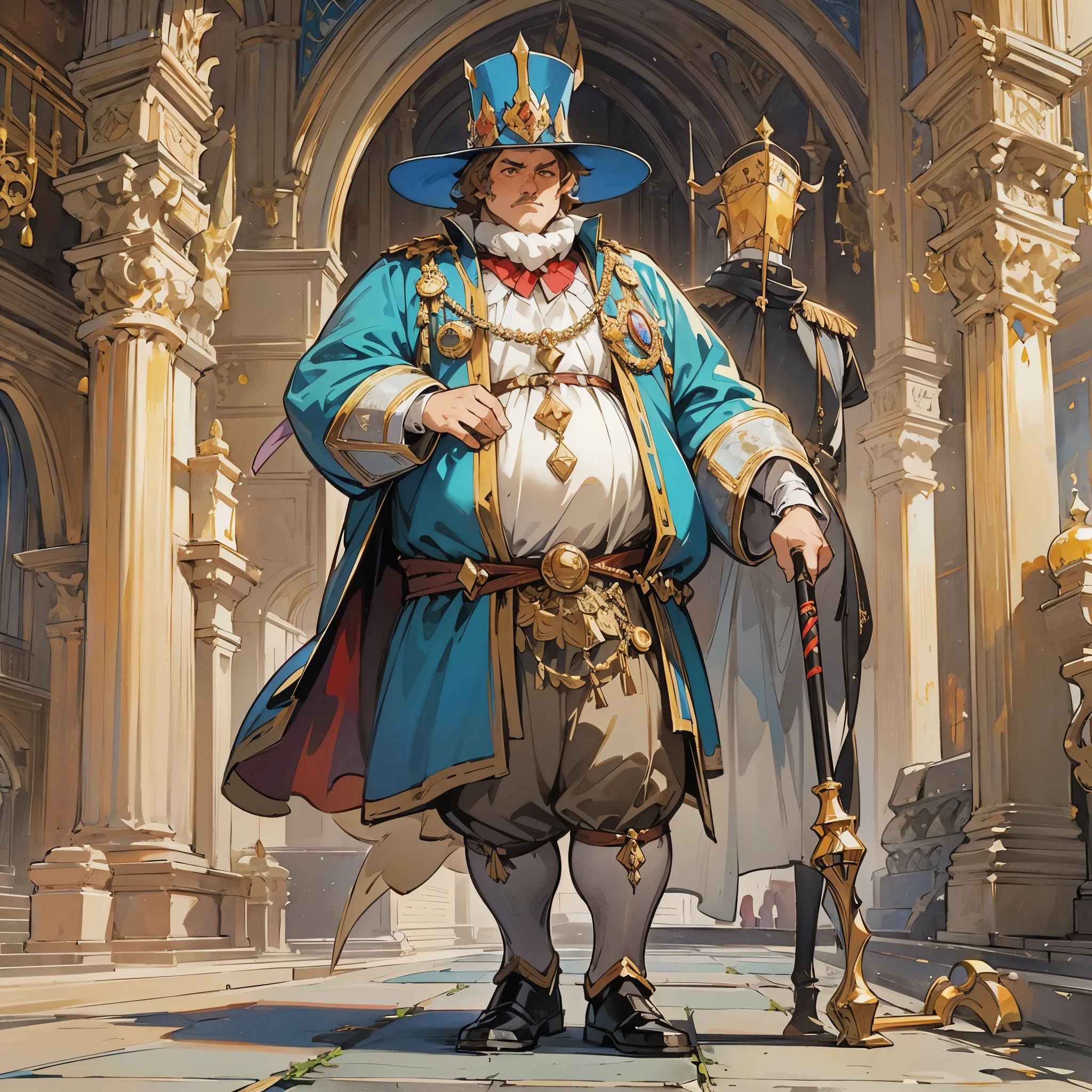 a middle-aged man,European medieval royal nobles,Wearing gorgeous satin clothes,wearing a hat,Cane,The body is a bit fat,Stand with a puffy belly,Looking very proud。Medium shot composition,full body picture,characters and scenes,Game concept art style,Anime illustration style,watercolor style,Marker style,high-definition,4k。