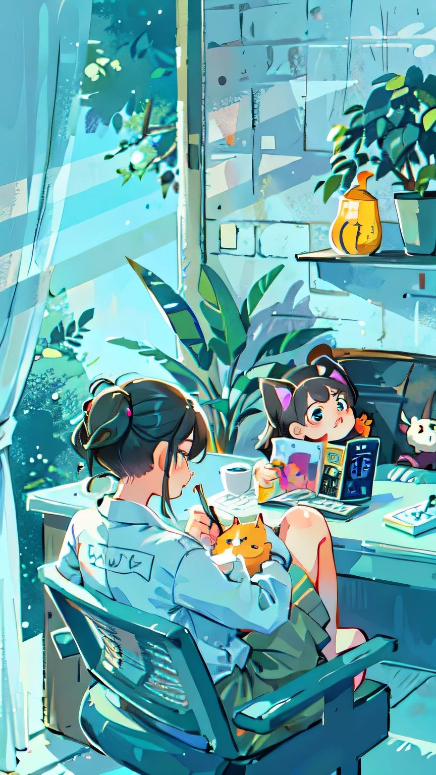 There is a girl sitting at the table，Holding notebook and cup of coffee in hand, There are kittens, hi-fi illustration style, flat illustration, illustration style, animated illustration style, detailed 2d illustration, digital 2d illustration, Cartoon style illustration, business illustration, 2d illustration