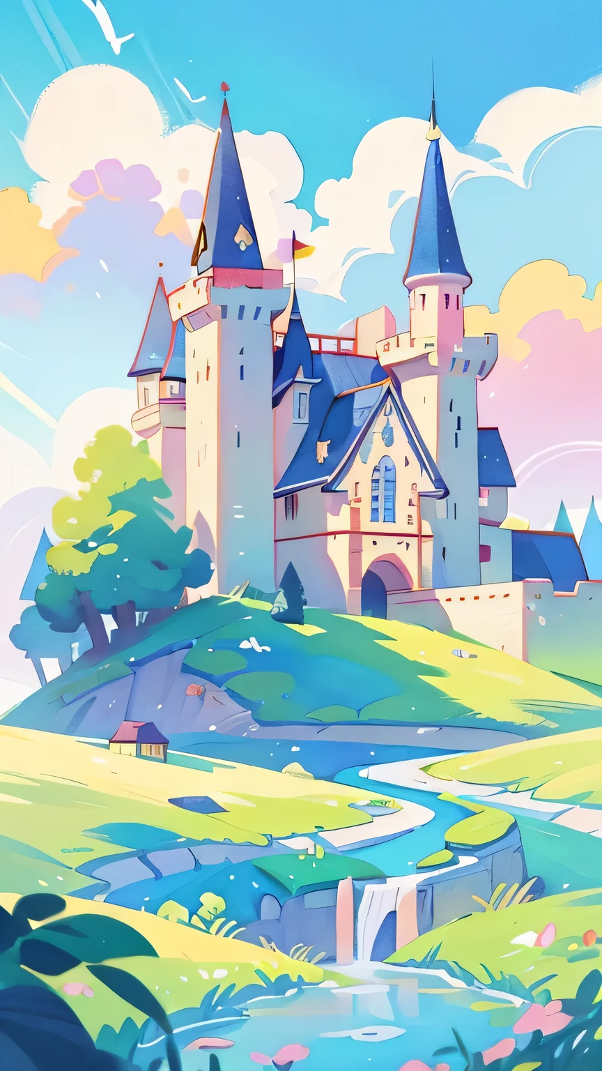 Coloring book illustration, Watercolor storybook illustration, Princess Castle, Fairy tale castle, Fairy tale tower, cloud, Vibrant pastel colors, Dream, colorful, whimsical, magic, masterpiece, best quality, sharp focus, Intricately detailed environments, detailed, 8K resolution