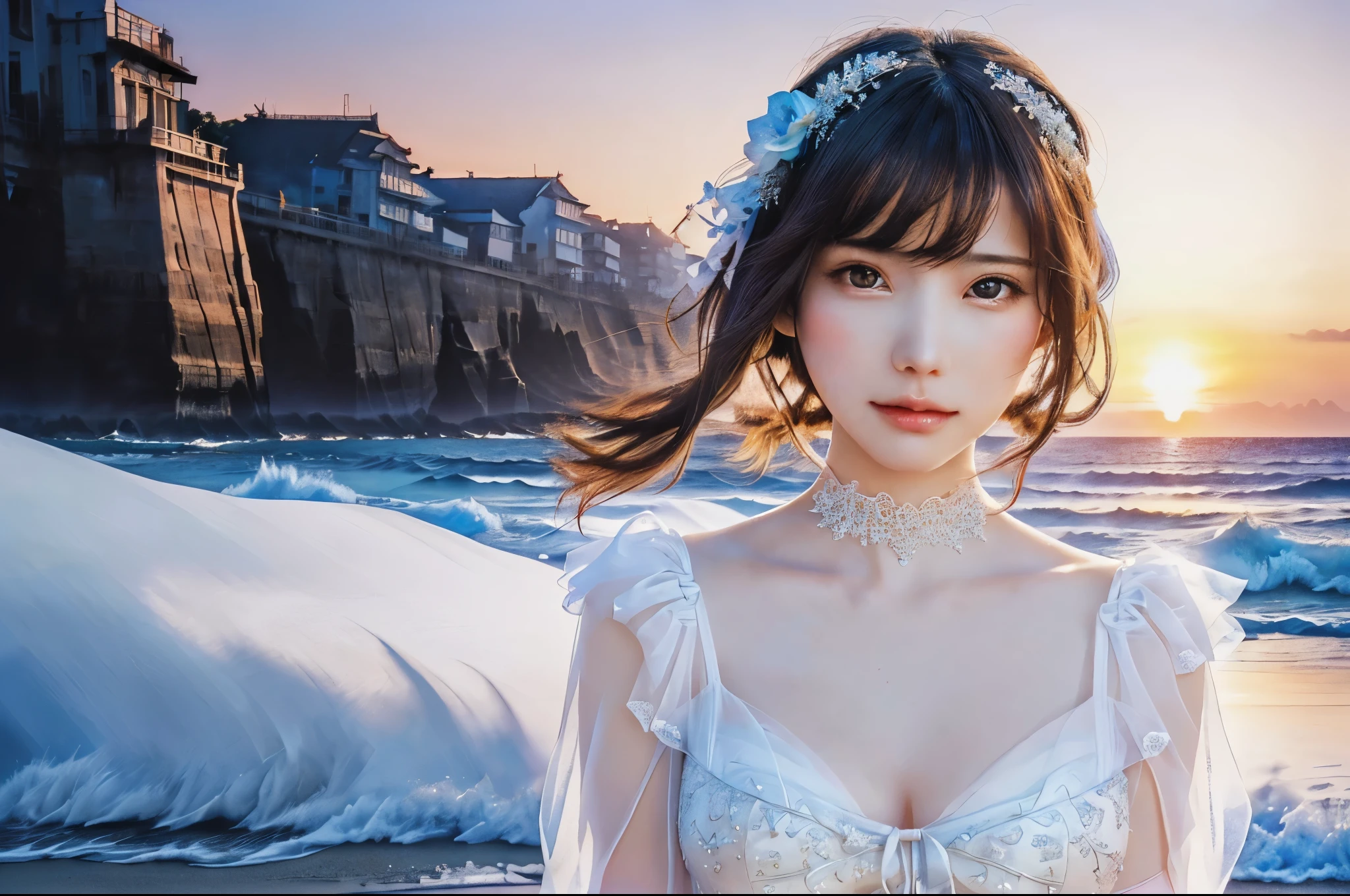 The background is the beach at sunset、mysterious beautiful woman、mysterious facial expression、looking at me、white dress、precise watercolor painting、abstract expression、fairy tale、 ((The face is realistic and beautiful)) ((highest quality)), ((high resolution 16k)), ((The background is realistic and beautiful.)), --automatic