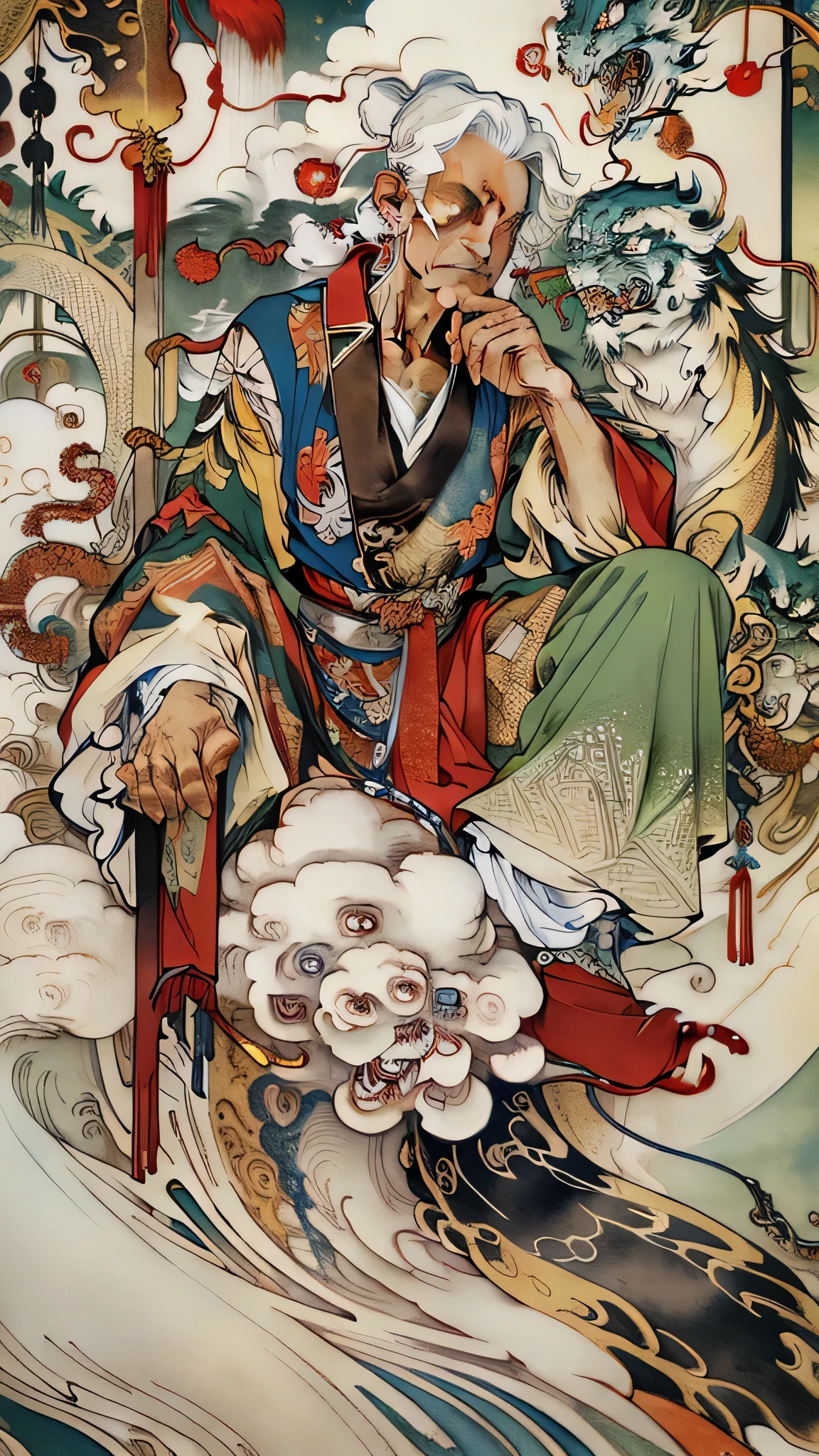 (splash art), (masterpiece, best quality: 1.2), Fantasy characters sitting on clouds, hanging scroll style, strong expression, Colorful、weird, Precision line, Large murals, Manticore, (8K, best quality, masterpiece: 1.2)