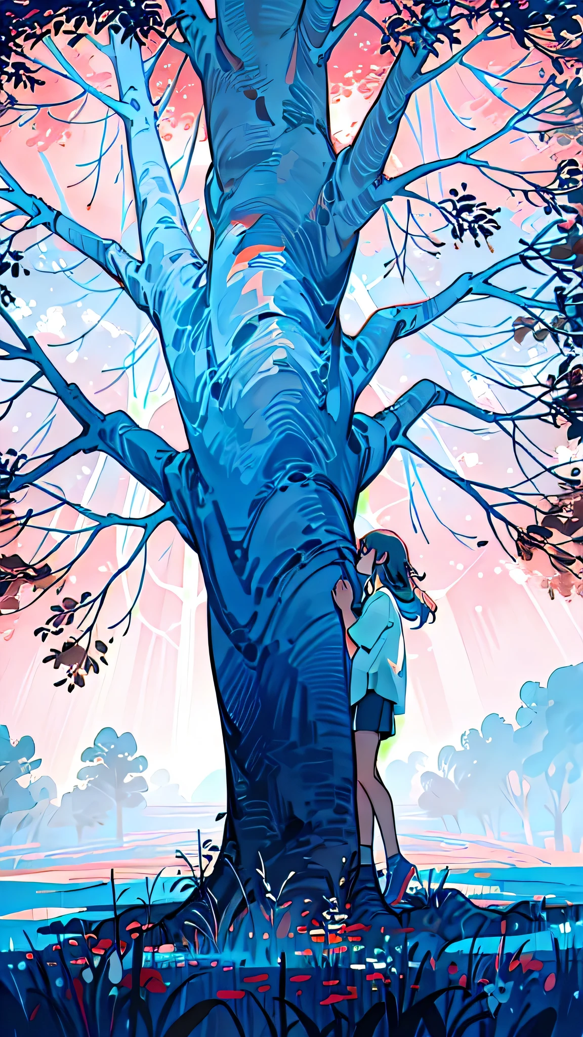 1 girl, Sky, Tree, landscape, long hair, Permanent installation, shirt, shorts, tenderness,blue theme