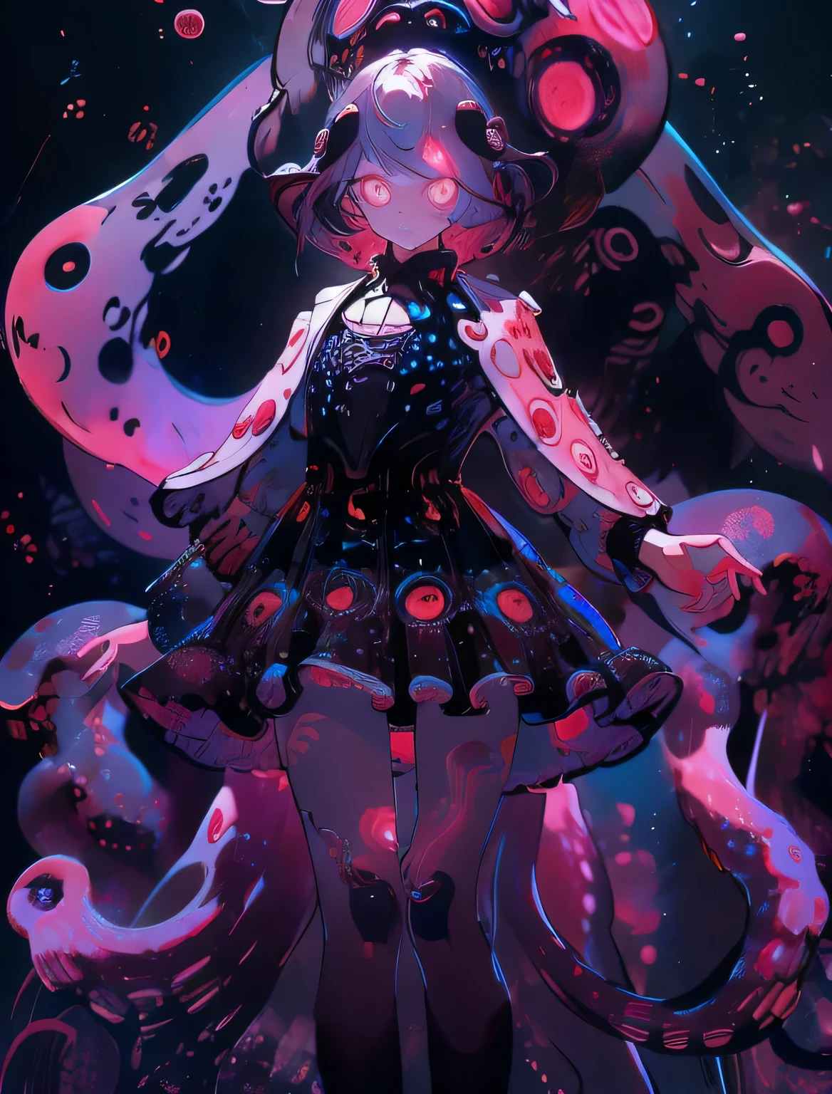 girl wearing jellyfish skirt. Black jellyfish and red light. The crimson tentacles are lined with red luminous bodies. deep sea