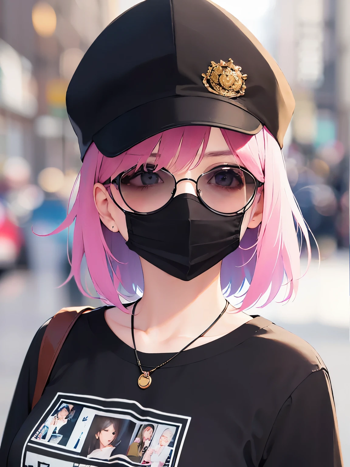(sun glasses, black Cap, surgical mask:1.2)、Realistic, real person, RAW photo, photorealistic, portrait photography, shiny skin, japanese idol、pink hair、bob cut hair with bangs、20 year old woman、Alone、(black t-shirt) and (over size), background is outside、