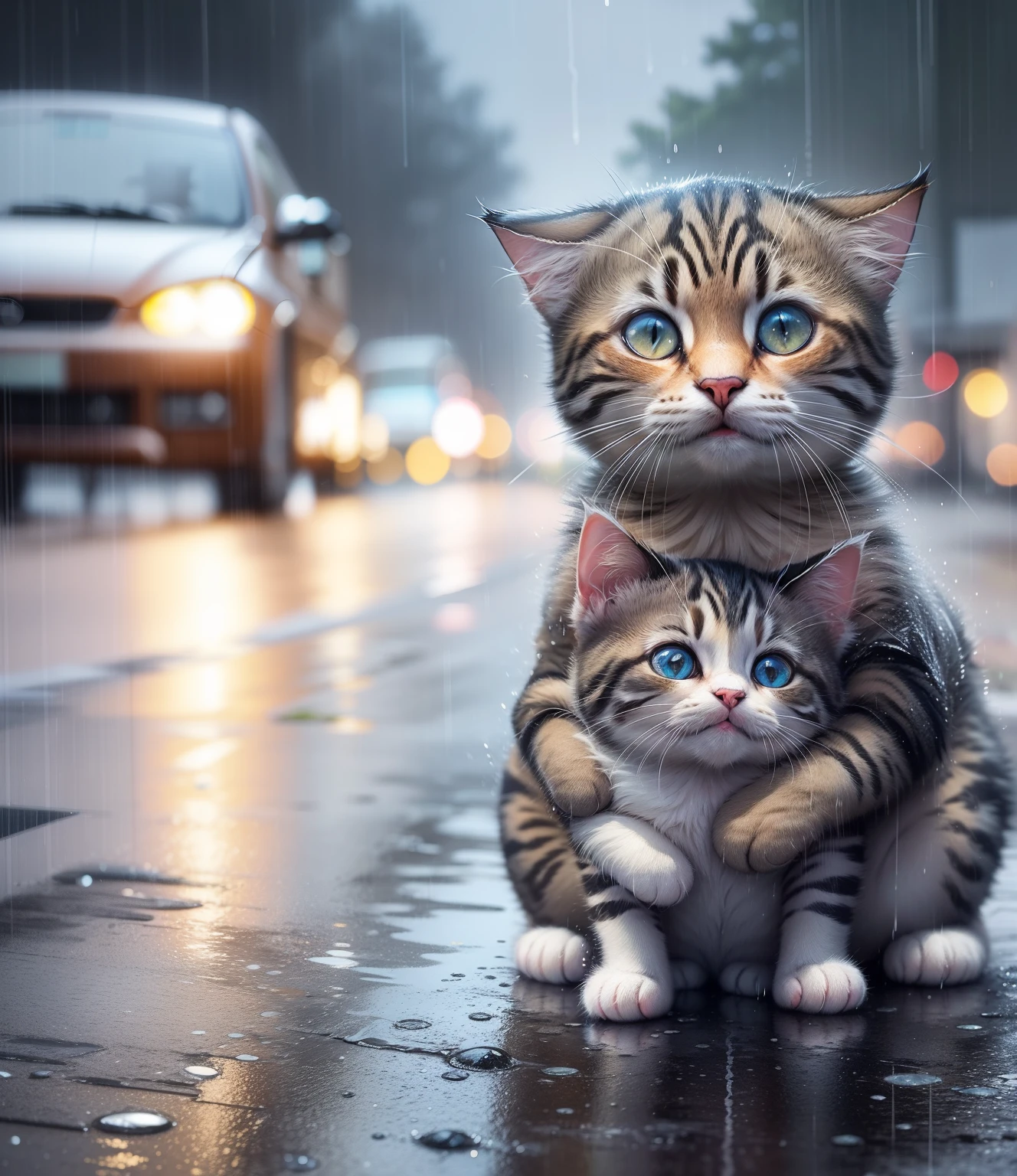 there is a cat and a kitten sitting in the rain, ultra realistic picture, in the rain, cute cats, cute and adorable, on a rainy day, beautiful and cute, emotional picture, in a rainy environment, under rain, very beautiful photo, real-life tom and jerry, lovely and cute, wet streets, accurate depiction, beautiful art, hyperrealistic picture