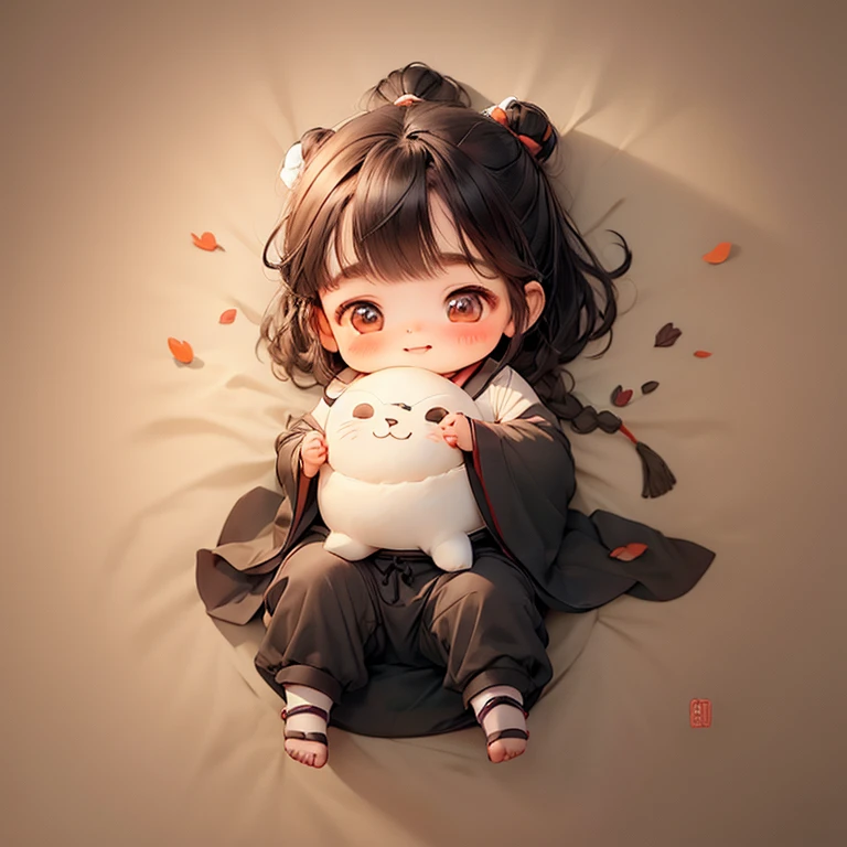 exquisite,Happy human baby lying on bed,having fun,Cute Chinese style Q version baby,Hanfu