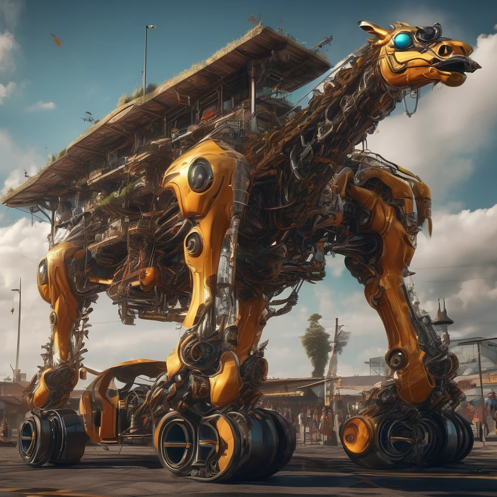 Racing Car, aesthetic, extremely detailed, a futuristic giant racing car shaped like a tall huge mechanical giraffe, people within its body. It uses its mechanical legs to move like a giant robot instead of regular wheels, detailed matte painting, deep color, fantastical, intricate detail, splash screen, complementary colors, fantasy concept art, 8k resolution trending on Artstation Unreal Engine 5