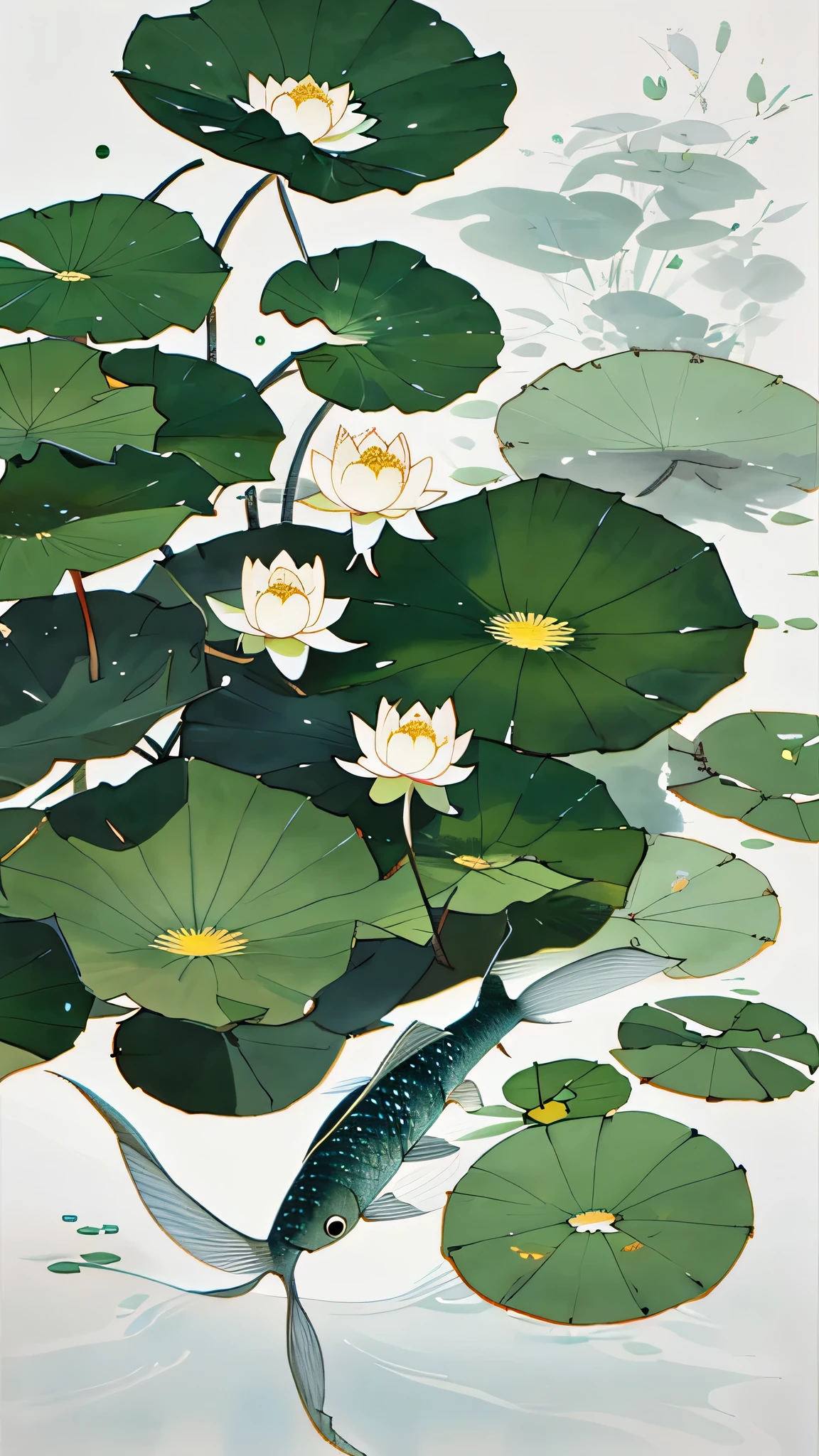 White background,There are fish,There are waters,There are lotus leaves,There are dewdrops on the lotus leaves,Chinese style,There are buildings
