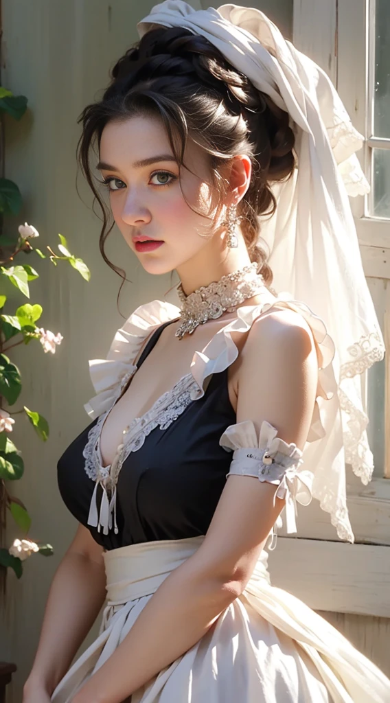 high quality photos, masterpiece, ultra high definition, (realistically: 1.4), Realistic style,original photo, 1 girl, british maid, Ruffled Maid Katyusha, ponytail, Braided hair, ruffled translucent shirt, ribbon tie, apron, miniskirt, puff sleeves, white, glowing skin, victorian era, no gray background, stand by the window,Full body image,cleavage,black garters,