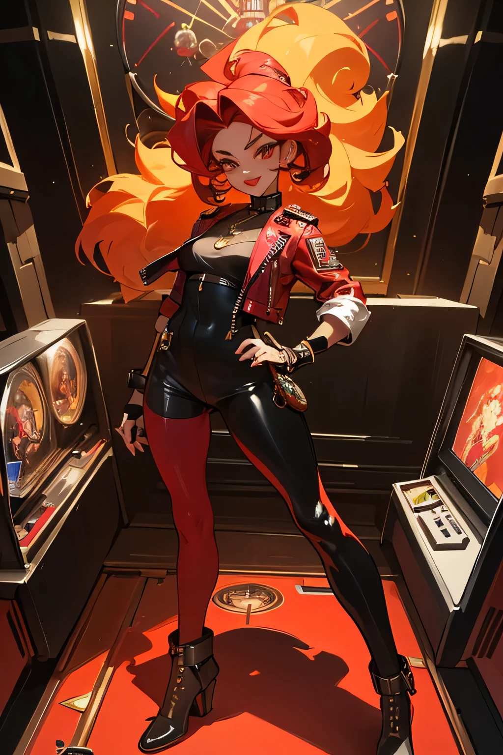 Ruby Steelshot is a vibrant and energetic character with a flair for the dramatic. Standing at an average height, her lithe frame is adorned with an eclectic mix of retro-inspired clothing. Her hair, a fiery red reminiscent of a blazing pinball, is styled in playful curls that bounce with every step. Fullbody pose
She wears a fitted bodysuit in bold colors, adorned with metallic accents that glint in the light. Over the bodysuit, she sports a sleek leather jacket adorned with patches and pins, showcasing her love for vintage style. Her accessories include fingerless gloves studded with metal studs, giving her a rebellious edge.
Ruby's eyes sparkle with mischief, framed by thick lashes and expertly applied eyeliner. A bright red lipstick completes her signature look, adding to her confident demeanor. Around her neck, she wears a pendant shaped like a pinball, a symbol of her passion for the game.