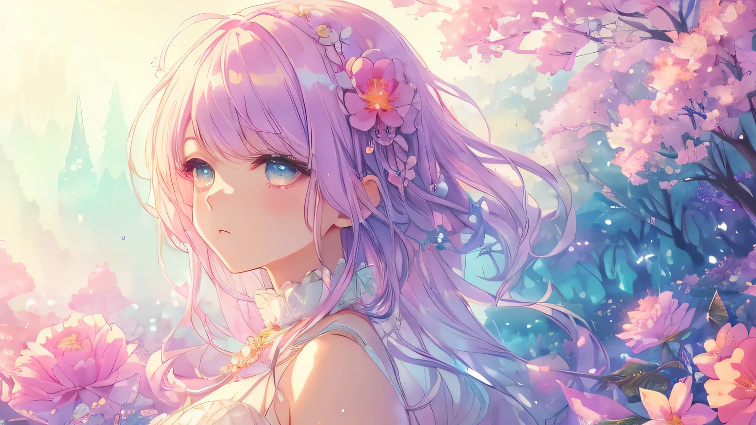 (High quality, 8K), (Soft light), Rainbow Color, One girl, Detailed face, Detailed eyes, watercolor paiting,  very magical and dreamy, dreamy and detailed, dreamy atmosphere and drama, Gorgeous atmosphere, Beautiful dreamy lighting, dreamy ambiance, Beautiful atmosphere, Dreamy Romantic, Ethereal dreamy theme, Magical atmosphere, Beautiful atmosphere, Anime Background Art, Magical atmosphere + masutepiece, dreamy aesthetic, Beautiful details with atmosphere, many flowers, bubble, water, flower garden, landscape, sparkle eyes