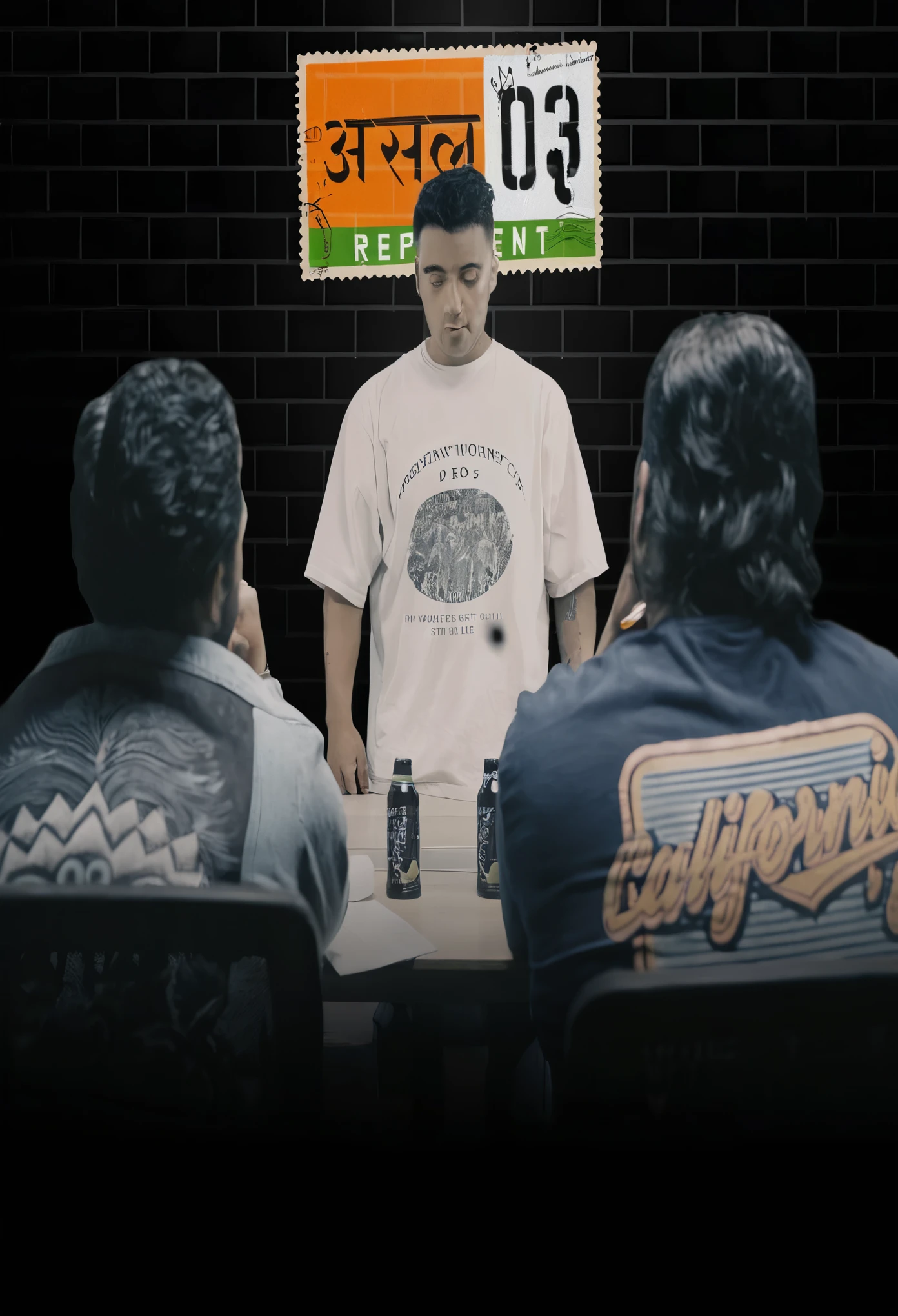there are three men sitting at a table with a beer, 1 0 / 1 0 comedy, straight on portrait, movie promotional image, promo image, no repeat, sitting down, area 3, movie promo, battle rap, film still promotional image, most memorable scene, series, product placement, film promotional still, tournament, documentary still, 5 feet away, an film still