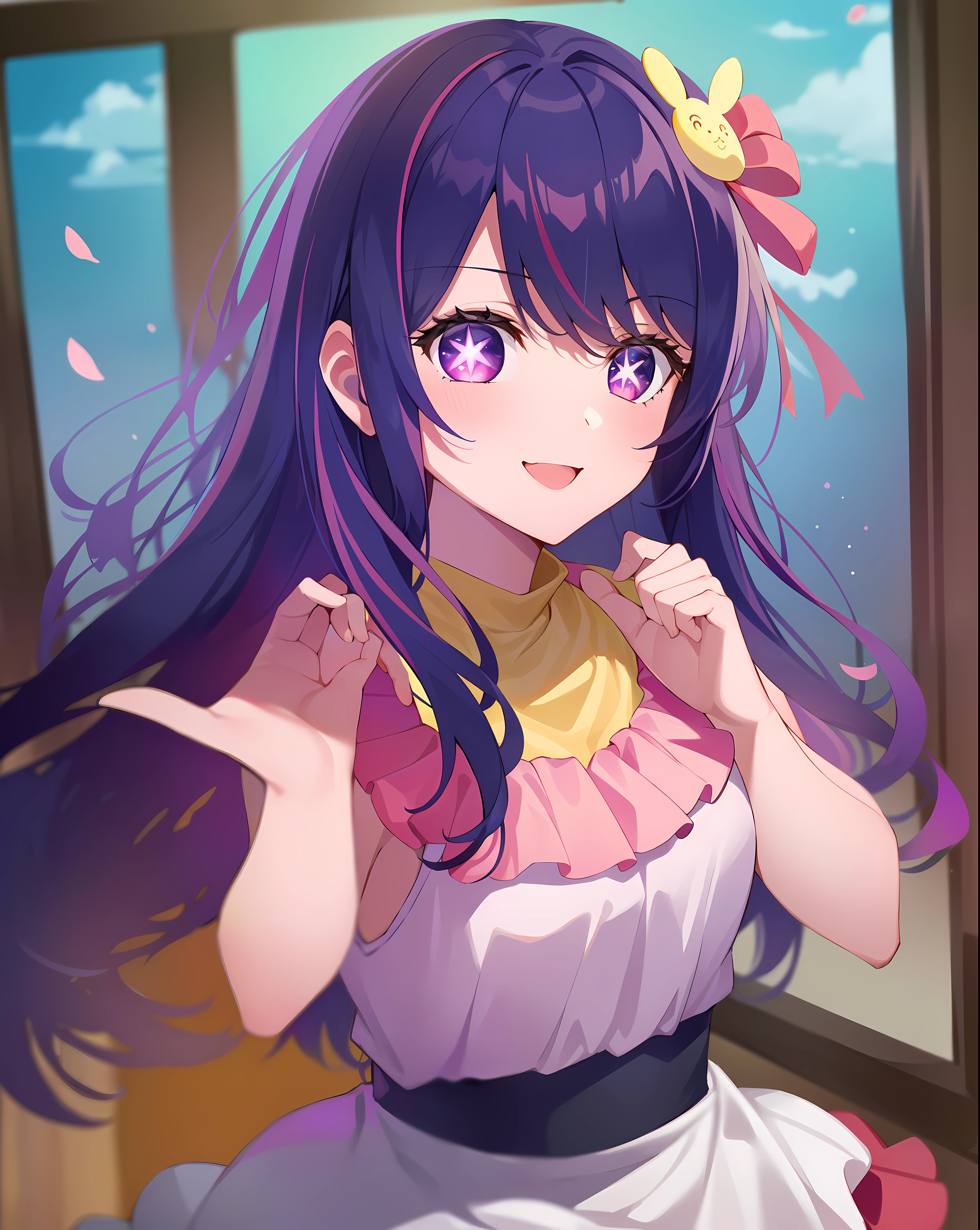 1 girl, full body lesbian, cowboy photo, (Rembrandt), illustration, (masterpiece), (best quality), (extremist_detailed), fine details, (depth of field), Kino Ai, Gloves, long white hair, star\ (symbol\), looking at the audience, (purple hair:1.2), purple eyes, Upper body, hair accessories, :p, decorate, pink shirt, Smile, sleeveless的, shirt, Idol, symbol-shaped pupils, Raise your hand, Brags Smiles,sleeveless,The shirt,Idoly,symbol-shaped pupils,Raise your hand,through bangs,one side up,star blue pupils,raise arms,skirt pull,roaring twenties,Isometric,view from above,sky sky,flowering,cliff,