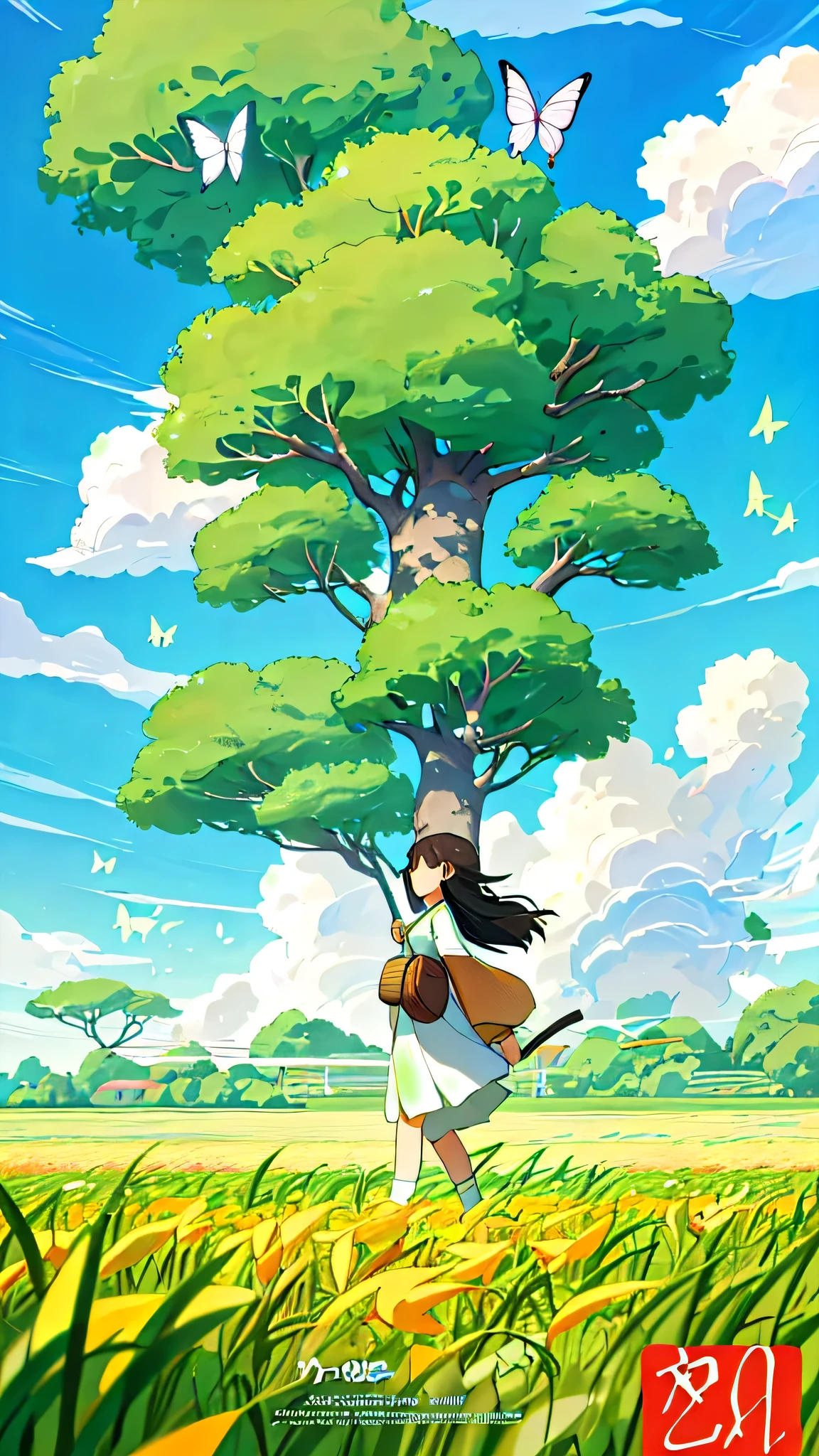 anime style illustration,A girl walks through the fields with butterflies, 4k comic wallpaper, Ghibli art style, Xin Haicheng art style, Studio Ghibli japanese manga style, japanese manga art wallpaper 8 K, Ghibli art style, Ghibli japanese manga style style, ( Xin Haicheng ) ), japanese manga, japanese manga style, movie lighting, 8K, Super details, precise, best quality, ultra high definition, masterpiece, mango seed poster design, poster, mango seeds, paddy, stream, nature, 1 Girl catching butterflies, Miyazaki manga style, Blue sky and white clouds, summer, recover, normal skin color