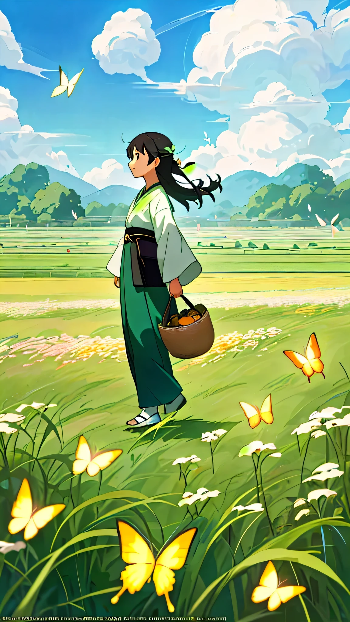 anime style illustration,A girl walks through the fields with butterflies, 4k comic wallpaper, Ghibli art style, Xin Haicheng art style, Studio Ghibli japanese manga style, japanese manga art wallpaper 8 K, Ghibli art style, Ghibli japanese manga style style, ( Xin Haicheng ) ), japanese manga, japanese manga style, movie lighting, 8K, Super details, precise, best quality, ultra high definition, masterpiece, mango seed poster design, poster, mango seeds, paddy, stream, nature, 1 Girl catching butterflies, Miyazaki manga style, Blue sky and white clouds, summer, recover, normal skin color