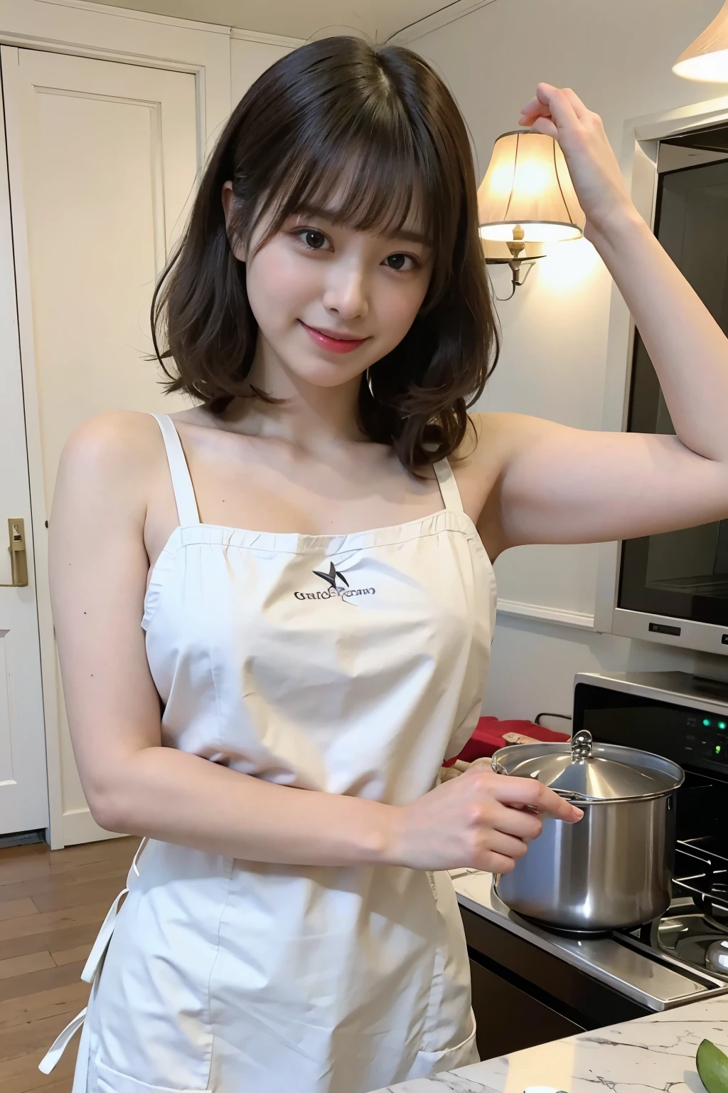 a woman is cooking、(kitchen_apron:1.wear 3)、good hand、4k、High resolution、masterpiece、highest quality、cap:1.3、((Hasselblad Photos))、fine skin、sharp focus、(cinematic lighting)、soft lighting、dynamic angle、[:(detailed face:1.2):0.2]、Medium chest、Skin with sweat flowing:1.2、(((in the kitchen))) laughter　beautiful profile　big breasts　beautiful body　tie hair　wide background々and a luxurious living room　luxury and luxury living　luxury living room　beautiful living room　beautiful living room　laughter　orange　lemon　laughter　laughter　With banana　pineapple　luxurious room　beautiful lighting　beautiful lighting　Very spacious部屋　very high quality　very high resolution　8k photo　Viewer&#39;s perspective　とてもゴージャスなkitchen　贅沢なkitchen　　ミリオネアのkitchen　素晴らしいkitchen　贅沢なkitchen　luxury illuminator　Very spacious々そしてkitchen　neat and beautiful　Classy and cute　change hairstyle