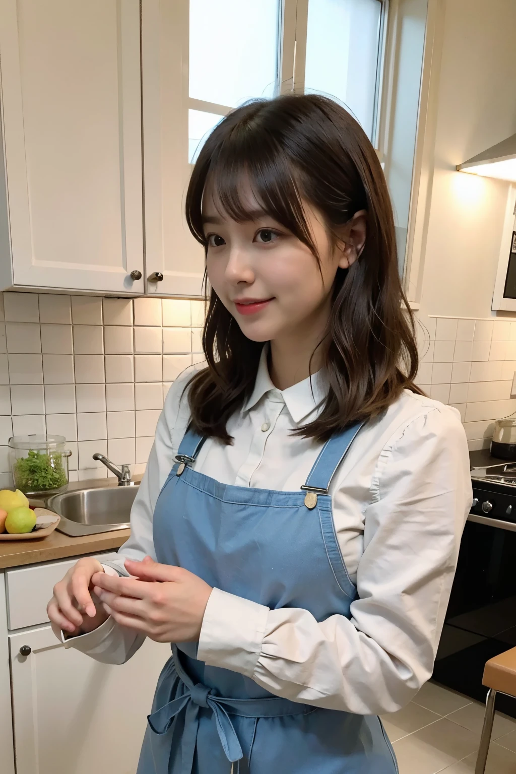 a woman is cooking、(kitchen_apron:1.wear 3)、good hand、4k、High resolution、masterpiece、highest quality、cap:1.3、((Hasselblad Photos))、fine skin、sharp focus、(cinematic lighting)、soft lighting、dynamic angle、[:(detailed face:1.2):0.2]、Medium chest、Skin with sweat flowing:1.2、(((in the kitchen))) laughter　beautiful profile　big breasts　beautiful body　tie hair　wide background々and a luxurious living room　luxury and luxury living　luxury living room　beautiful living room　beautiful living room　laughter　orange　lemon　laughter　laughter　With banana　pineapple　luxurious room　beautiful lighting　beautiful lighting　Very spacious部屋　very high quality　very high resolution　8k photo　Viewer&#39;s perspective　とてもゴージャスなkitchen　贅沢なkitchen　　ミリオネアのkitchen　素晴らしいkitchen　贅沢なkitchen　luxury illuminator　Very spacious々そしてkitchen　neat and beautiful　Classy and cute　change hairstyle