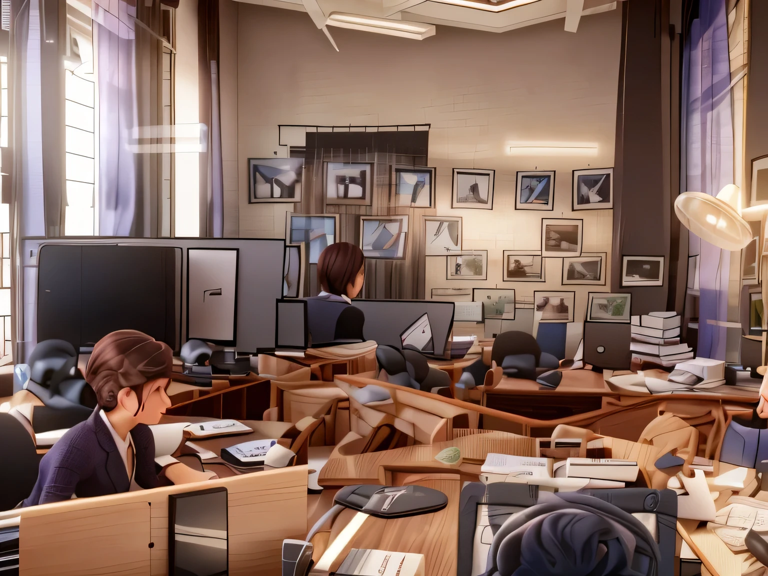there are two people sitting at desks in an office, in office, working in an office, in the office, office interior, busy room, set inside of office, sitting in office, offices, in an office, centre image, candid photograph, sitting in dean's office, candid picture, open office, in an call centre office, candid shot, people at work