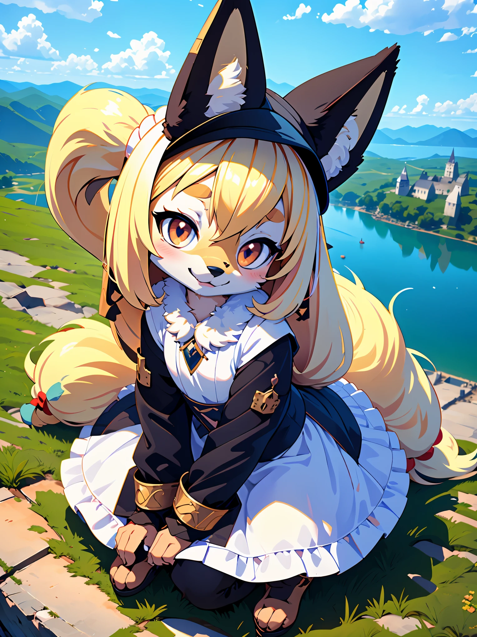 (Round eyebrows:1.5),(wide angle lens:1.5),(black hat:1.3),(natural light:1.3),(height 120cm),(smile),2 furry girls,(sit:1.5),(chibi:2.0),((Hill overlooking the lake:1.5)),(wolf tail),(spread arms),(dog paw pad),(engagement ring),(heart shaped pupils),((toddler)),nobility,(white wolf girl),(teen),((white color long hair:1.7)),(fur skin),(white long dress:1.5),brown corset,steampunk,female,(furry),sitting,(big black ribbon on head:1.3),(Round eyebrows),(wolf ear),(wearing),(Luxurious medieval fantasy outfit:1.5), (character) , (Best Quality,4k,8K,hight resolution,Masterpiece:1.2), Ultra-detailed, (Realistic,Photorealistic,photo-realistic:1.37), HDR, UHD, studio lightning, ultra-fine painting, sharp-focus, physical based rendering, extreme detail description, Professional, Vivid colors, bokeh, (em) portrai, landscape, photografic, Concept Artists (style of), (with a) vibrant color palette, (pa) soft-lighting. Jewelry