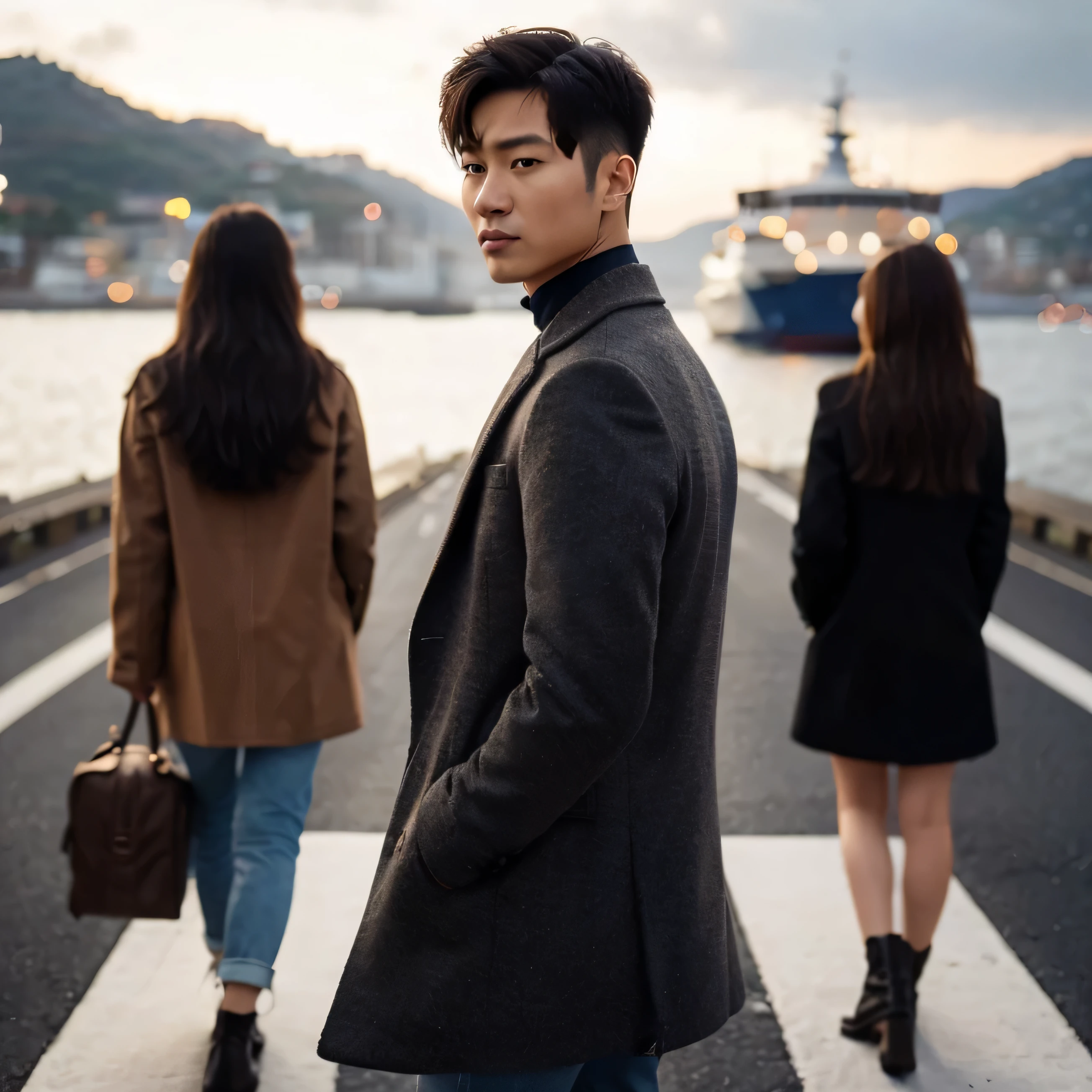 long shot, back view, cinematic portrait, a Korean man with short fade tapper hair wearing a peacoat jacket, jeans and boots,
standing on white road markings, with girl couple, with a backpack, handsome pose, professional photography, light behind him, bokeh background with a ferry in the distance,standing in a quiet harbor, beautiful sea,evening with lights, sharp gaze, looking at the camera