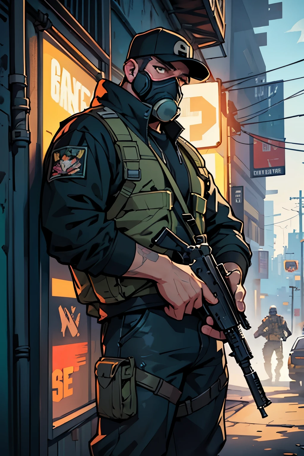 a man in a gas mask holding a rifle and a box, fps game concept art, detailed game art illustration, realism in style of fornite game, stylized urban fantasy artwork, background artwork, ultra detailed game art, concept art for a video game, detailed game art, 2d game art gta cover, 2 d game art gta cover, game illustration