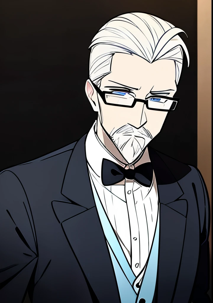 Adult male, white and tender skin, pale blonde slicked back combed short hair, kaisermustache and a ducktail beard, steel blue eyes, green and slightly mature, serious and emotionless facial expression,wearing a black suit jacket, white collar shirt, black tie and suit pants and glasses, portrait style,  facing forwards