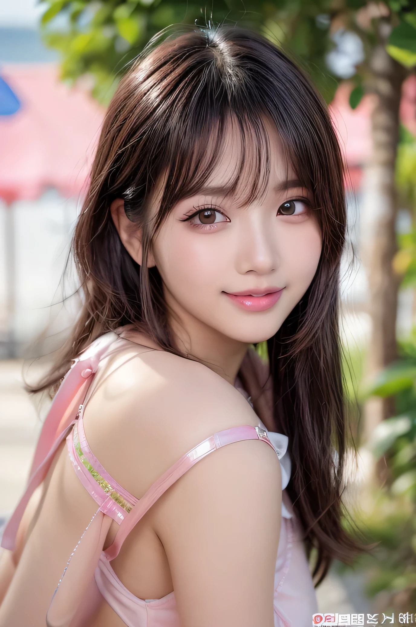 Canon RF85mm f/1.2,masterpiece,highest quality,ultra high resolution,VC,1 girl,(korean mixed,K-POPアイドル:1.2),alone,white_shiny_skin,black eye,necklace,((pink色_length_wavy_hair)),((pink_shiny_lips)),eyelash,前hair,make,compensate,shiny,pore,skin texture,uniform,big breasts,at the seaside,from the front,whole body,smile,show your teeth,short hair,barefoot