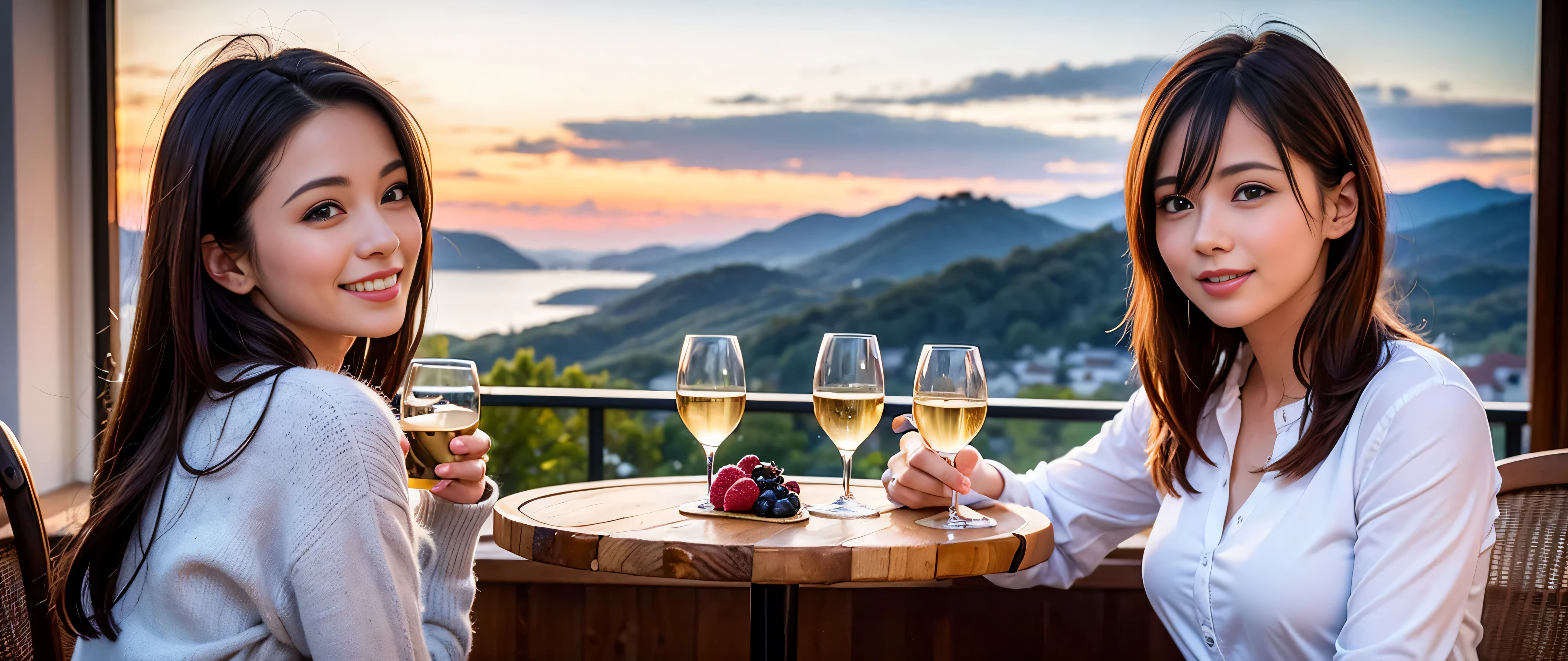 K, Hmm, highest quality, masterpiece: 1.2), (realistic, photorealistic: 1.37), Spectacular view of the sunset sky and clouds、Amazing mountain views、3 slim beauties, (slim face),Happy、 the best smile、Fox face、Berry Short、(because I&#39;thin), (brown hair), (shortcut), long sleeve shirt、winter fashion、Colombian、Brazilian、Japanese、Dutch、German、Portuguese、Belgian、Italian、French,Champagne、sparkling wine、 (Squirting), (slim body), (brown hair), (shortcut), neat beauty、cheeks turn a little red, (35 years old), 38 years old, alone, A beautiful and detailed night view spreads out outside the window......, restaurant, wine glass is sitting, At night, in a prominent place (from the Upper body) nova frog style, actress, model, Upper body, White wine, slim, wine glass, Very beautiful night view, wine glass Put in the Middle, Happy smile, (smile: 1.15), 