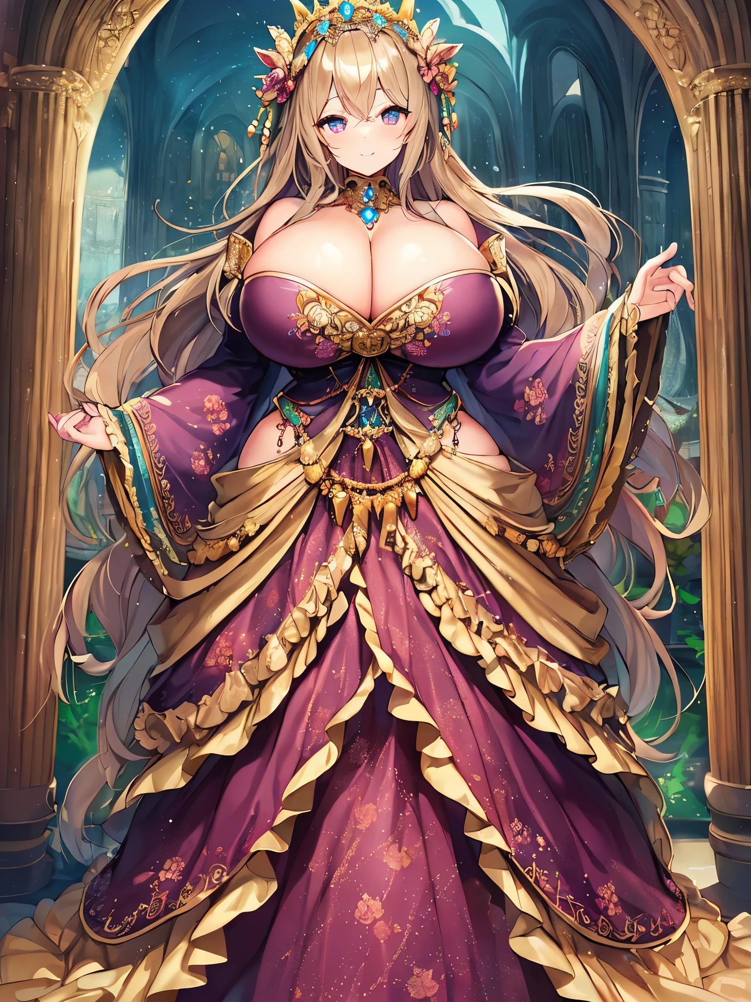 ((anime artstyle)),(((absurdres, Full-HD))),(Masterpiece),(Best Quality),(Super Detail),((Very Delicate and Beautiful)),cinematic lighting,Solo,full body,((full body shot)),((1 gorgeous rococo princess)),detailed face and eyes,jewel-like eyes,((((very very gigantic tits,cleavage,curvy)))),Skindentation,((fantasy castle,outdoor)),((crinoline,long train)),super detailed gorgeous princess rococo ballgown with voluminous full length hoop skirt and long train,((gorgeous rococo ballgown with beautiful embroidery and jeweled)),((large amount of straight hair, absurdly long hair,Very Long Straight Hair)),extremely gorgeousfull hair ornament,(bling-bling extremely gorgeousfull jeweled tiara),luxurious jewelry,full body shot,((gorgeous rococo ballgown with voluminous full length hoop skirt))