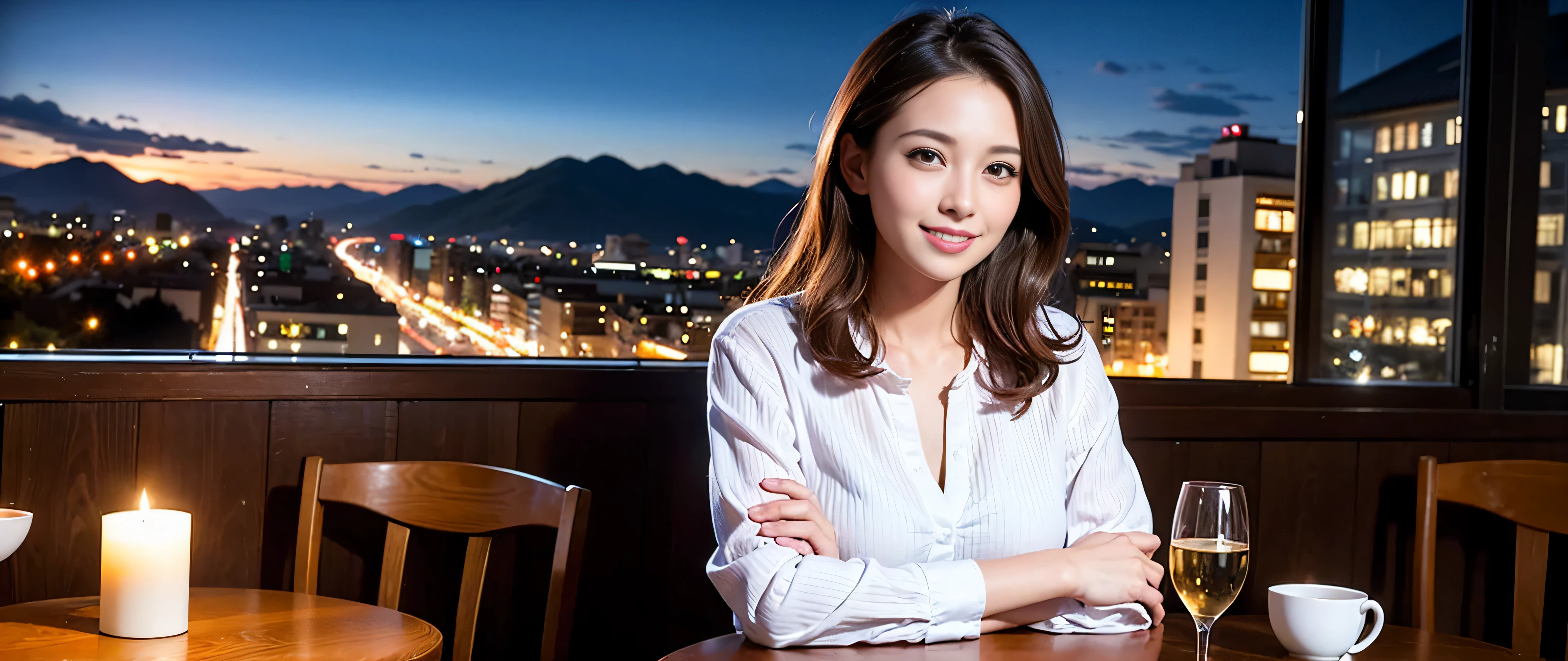 K, Hmm, highest quality, masterpiece: 1.2), (realistic, photorealistic: 1.37), Spectacular view of the sunset sky and clouds、Amazing mountain views、3 slim beauties, (slim face),Happy、 the best smile、Fox face、Berry Short、(because I'thin), (brown hair), (shortcut), long sleeve shirt、winter fashion、Colombian、Brazilian、Japanese、Dutch、German、Portuguese、Belgian、Italian、French,Champagne、sparkling wine、 (Squirting), (slim body), (brown hair), (shortcut), neat beauty、cheeks turn a little red, (35 years old), 38 years old, alone, A beautiful and detailed night view spreads out outside the window......, restaurant, wine glass is sitting, At night, in a prominent place (from the Upper body) nova frog style, actress, model, Upper body, White wine, slim, wine glass, Very beautiful night view, wine glass Put in the Middle, Happy smile, (smile: 1.15),
