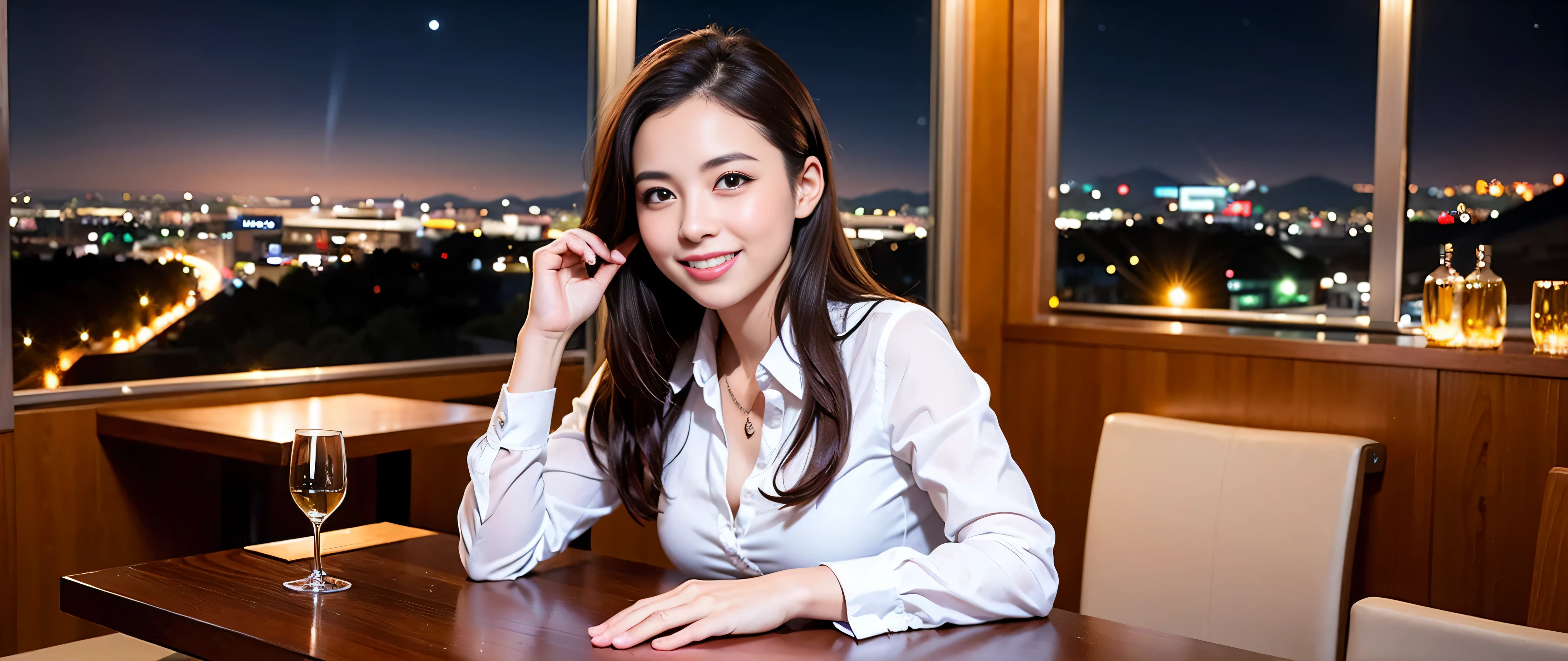 K, Hmm, highest quality, masterpiece: 1.2), (realistic, photorealistic: 1.37), Spectacular view of the sunset sky and clouds、Amazing mountain views、3 slim beauties, (slim face),Happy、 the best smile、Fox face、Berry Short、(because I'thin), (brown hair), (shortcut), long sleeve shirt、winter fashion、Colombian、Brazilian、Japanese、Dutch、German、Portuguese、Belgian、Italian、French,Champagne、sparkling wine、 (Squirting), (slim body), (brown hair), (shortcut), neat beauty、cheeks turn a little red, (35 years old), 38 years old, alone, A beautiful and detailed night view spreads out outside the window......, restaurant, wine glass is sitting, At night, in a prominent place (from the Upper body) nova frog style, actress, model, Upper body, White wine, slim, wine glass, Very beautiful night view, wine glass Put in the Middle, Happy smile, (smile: 1.15),
