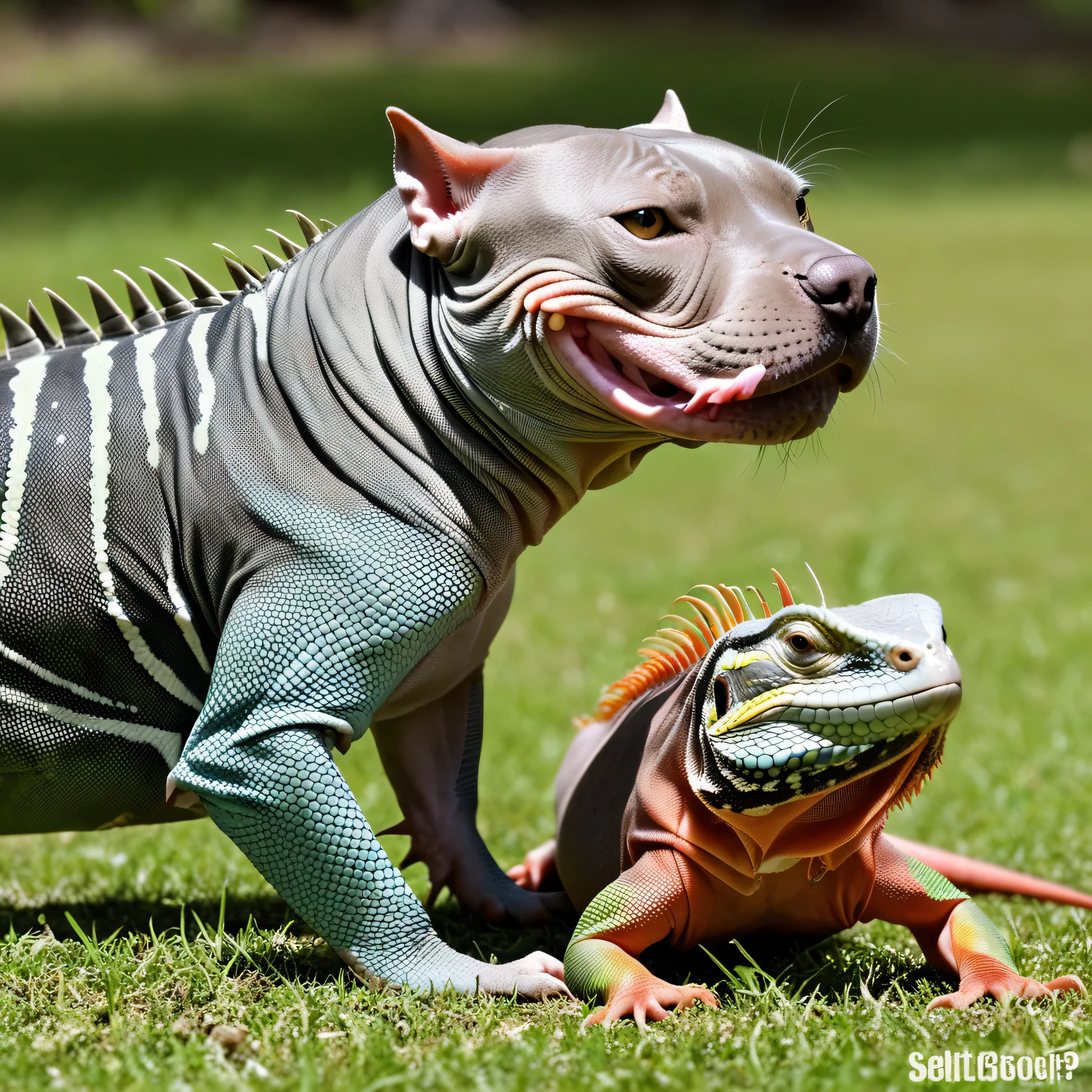 Photo of a (pitbull dog:0.5)
Photo of a (iguana:0.4)