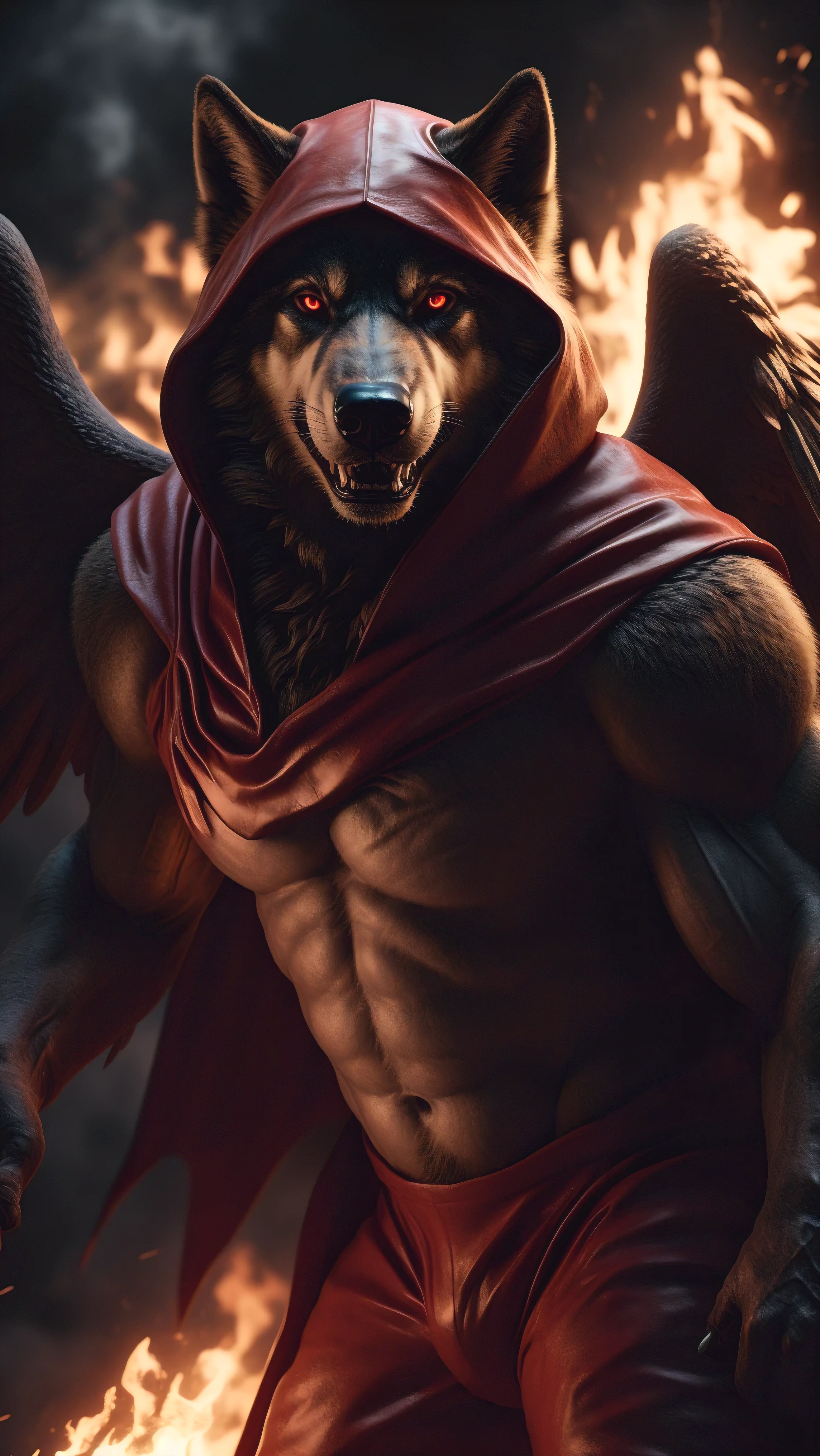(best quality,16k,32k,high resolution,artwork:1.2),ultra-detailed,(realistic,photorealistic,photo-realistic:1.37),(The ultimate lord wolf) glowing red eyes realistic fire background of totally destroyed Ship alone looking at the camera serious expression brave and confident wearing a red hood cape Open golden angel wings.