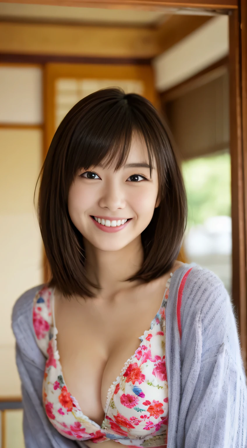masterpiece,best quality,(Japanese ),((Beautiful girl)),cleavage,indoor,(perfect body beauty:1.2),(shy smile),beautiful teeth,