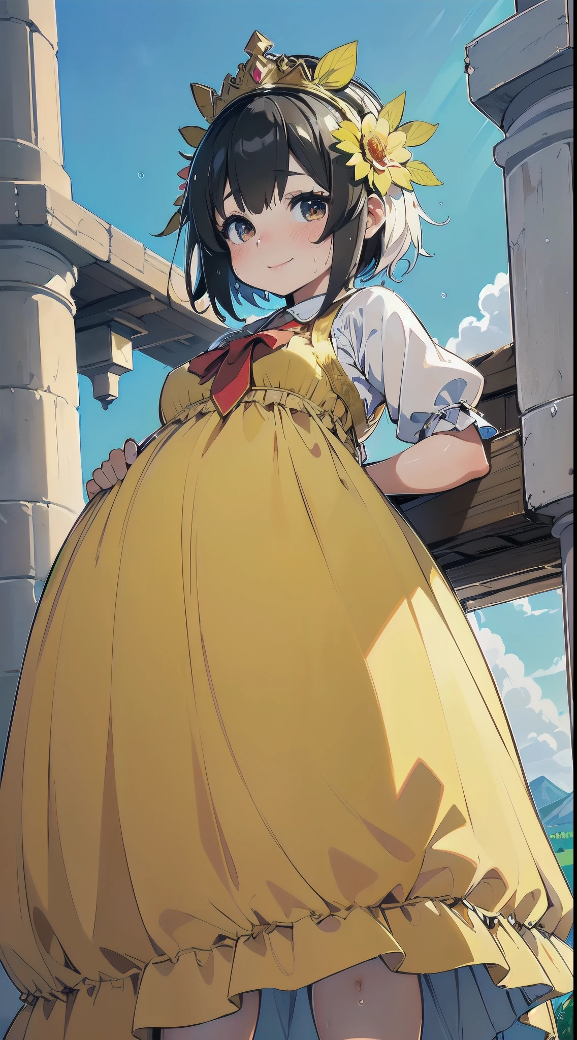 {{{masterpiece}}}, {{{best quality}}}, {{Super detailed}},  {{extremely delicate and beautiful}},(National standard), (best quality, 8K, 32k, masterpiece, ultra high definition:1.2),Photos of pretty girls, top quality, best quality, actual, Unite, 8K wallpaper, official art,(10 years old),(child),(the best princess in the world:1.5),(Princess dress with many decorations:1.5),(Ornate headdress:1.3),(Smile:1.3),(Sweating on the skin:1.5),black hair,(very short hair:1.3),(On the balcony of the palace:1.3),(,(whole body:1.2),(Lift your skirt up to your belly button:1.5),(Not wearing:1.3),(midsummer:1.5),(from below:1.5),(low field of view:1.5),(((Wet clothing)))
