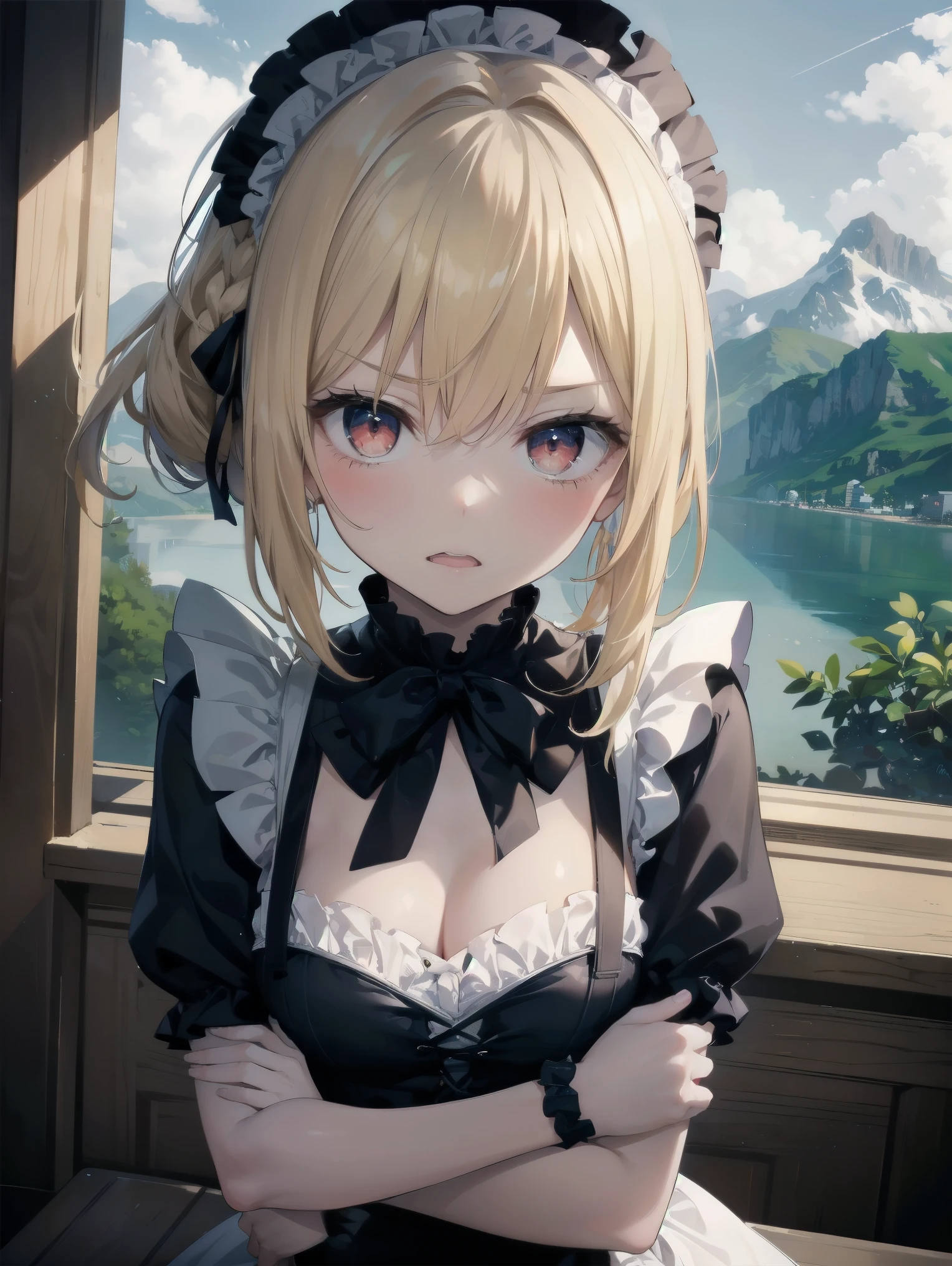 (Masterpiece: 1. 2), (Top quality: 1. 2), Perfect eyes, Perfect face, Perfect lighting, Mountain horizon, Beautiful girl like boy, Blonde hair, Upper body, Cleavage, Red eyes, Braids, Side ponytail, Bangs, Bobbed hair, Ahoy hair, Cute eyes, Great bust, (From bottom), Raw description, Orgasm, Scary, Erotic Bitch Virgin, Angry, Sideways, Bewitching, Gothic Maid, Sitting, Arms Crossed, (from above: 1. 3),.