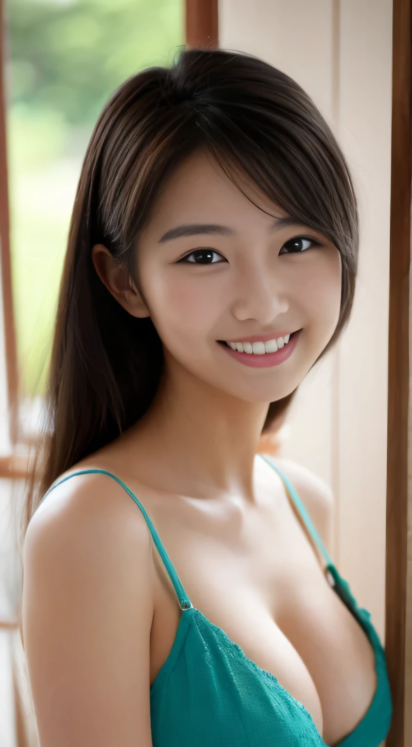 masterpiece,best quality,(Japanese ),((Beautiful girl)),cleavage,indoor,(perfect body beauty:1.2),(shy smile),beautiful teeth,