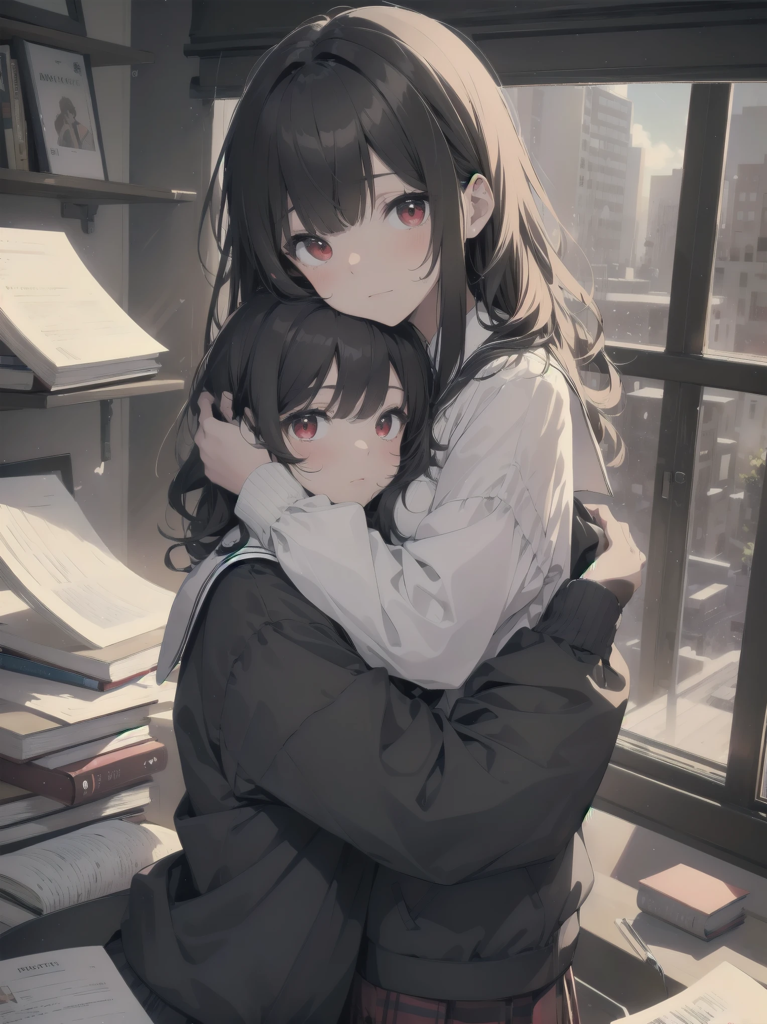 Masterpiece, high quality illustration, adorable cute schoolboy, crusty eyes, curly hair, soft hair, cute bangs, red eyes, soft and fluffy black and white, hugging a book, adorable, detailed description