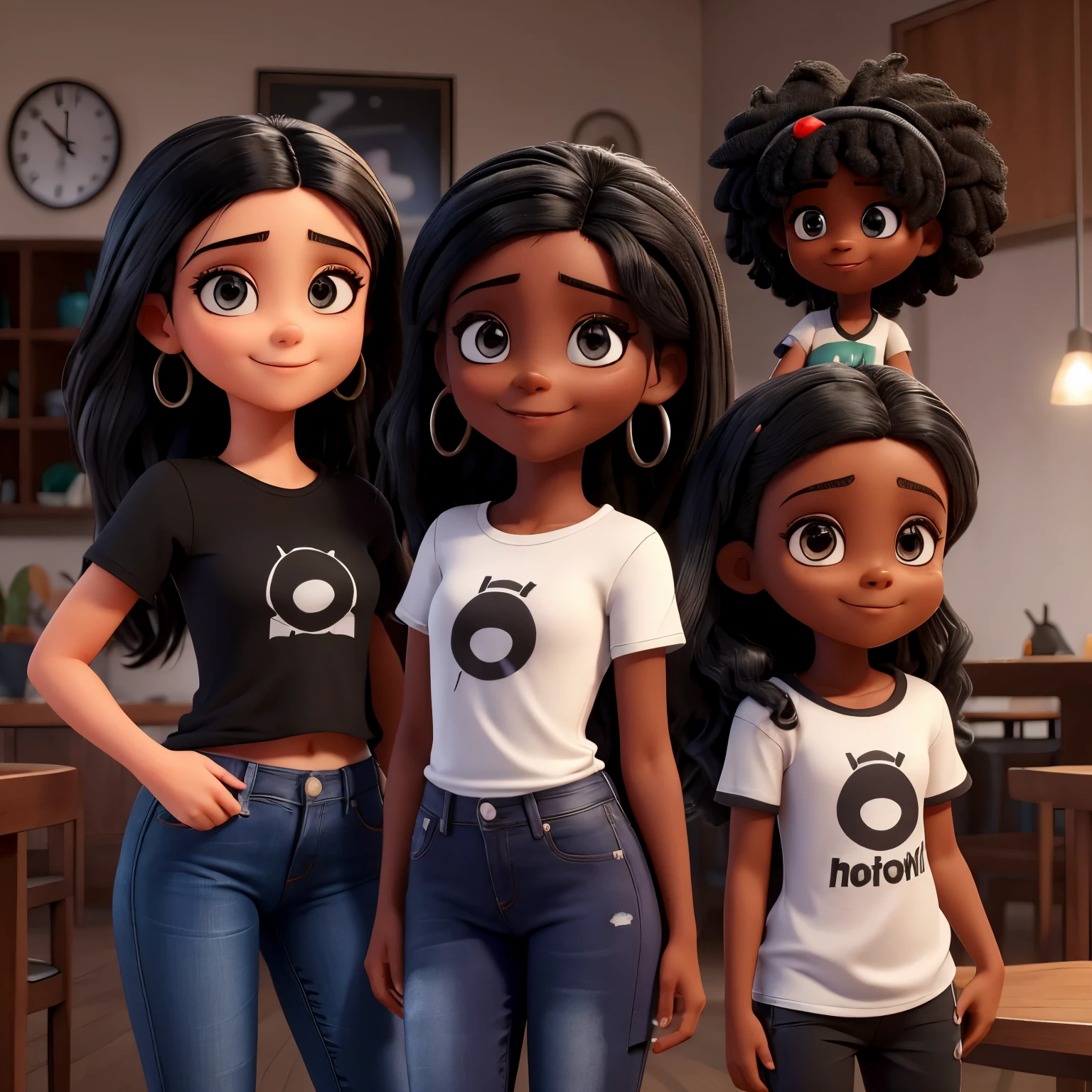 Descreva a cena de uma jovem com blezer preto e blusa branca ,dark jeans, cabelo cacheado curto raspado dos lados ,pele morena ,com sorriso lindo ,com os olhos pequenos e um pouco puxado ,corpo mediano