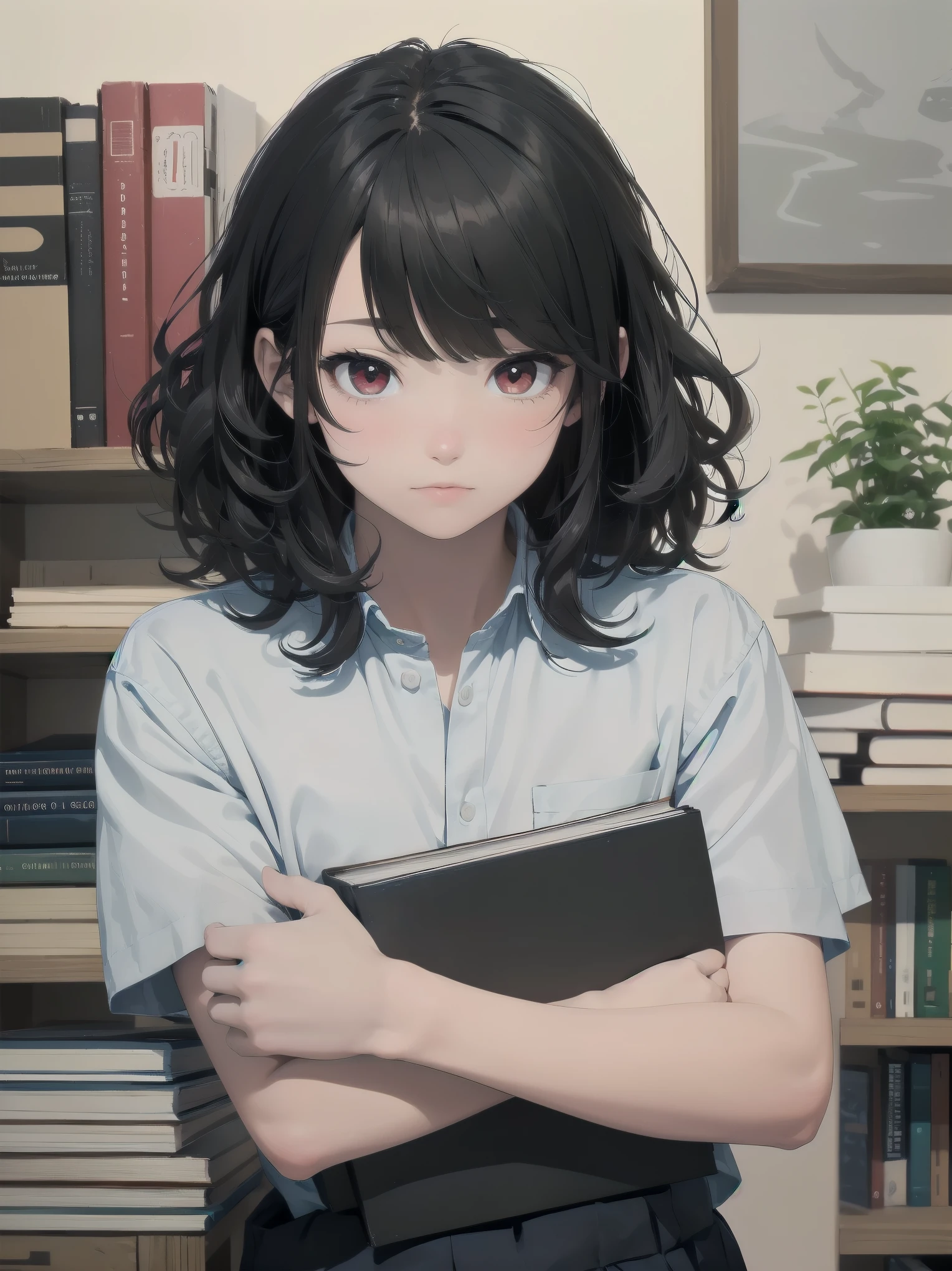 Masterpiece, high quality illustration, adorable cute schoolboy, crusty eyes, curly hair, soft hair, cute bangs, red eyes, soft and fluffy black and white, hugging a book, adorable, detailed description
