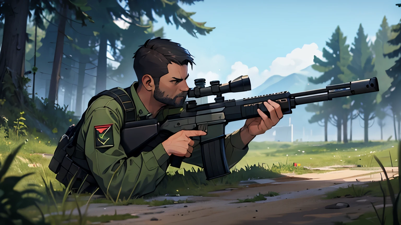 a man in a green uniform aims a rifle with a rifle, arma 3, dayz, arma 3 screenshot, in dayz, 3rd person shooter, scene with machine gun, in game, first person shooter, realistic shot, hq very detailed, outstanding detail, screenshot from an fps, large caliber sniper fire, soldier under heavy fire, very detailed and high quality, fps game