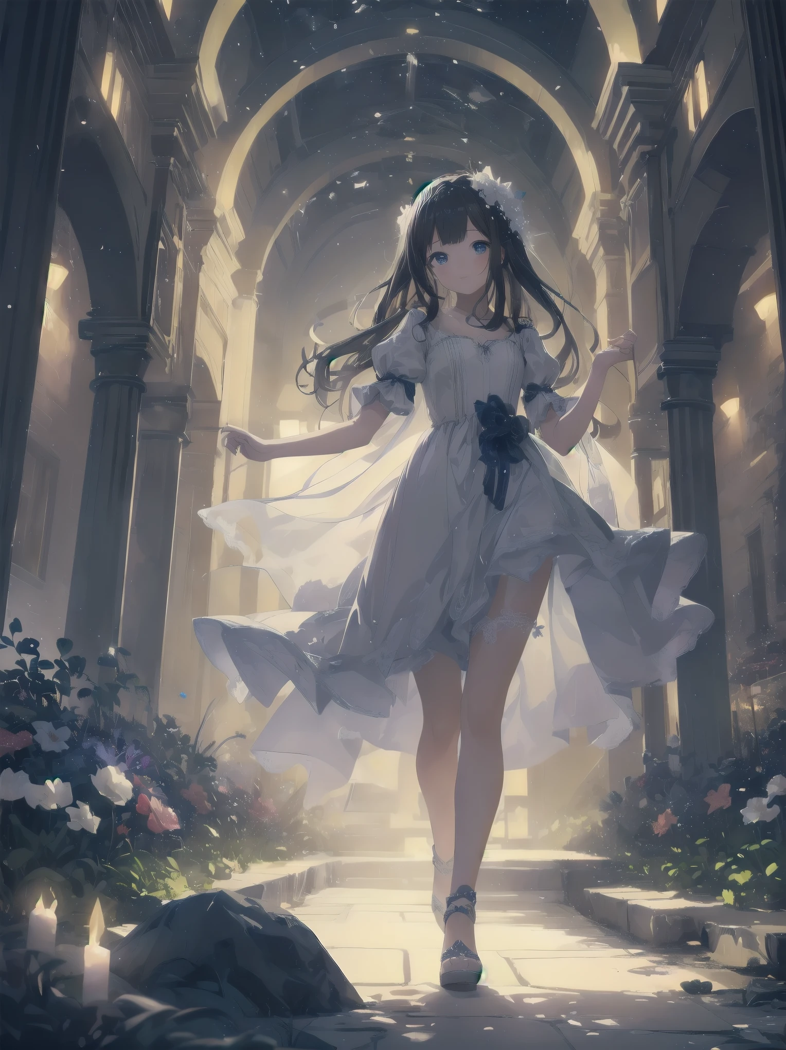 In this scene, a young girl is strolling through a heavenly garden. Her dress is neat and clean, meticulously crafted with multiple ruffles and lace, and feels fluffy, as if she is walking in a dream. The dress has a fantastic glow of interwoven light particles that harmonize with the surrounding fluorescent flowers and colorful glowing steam. The garden is so beautiful that it belongs in a fantasy world, symbolizing the serenity and peace of heaven. Tiny light particles appear at the girl's feet, glowing with her steps and illuminating her path.