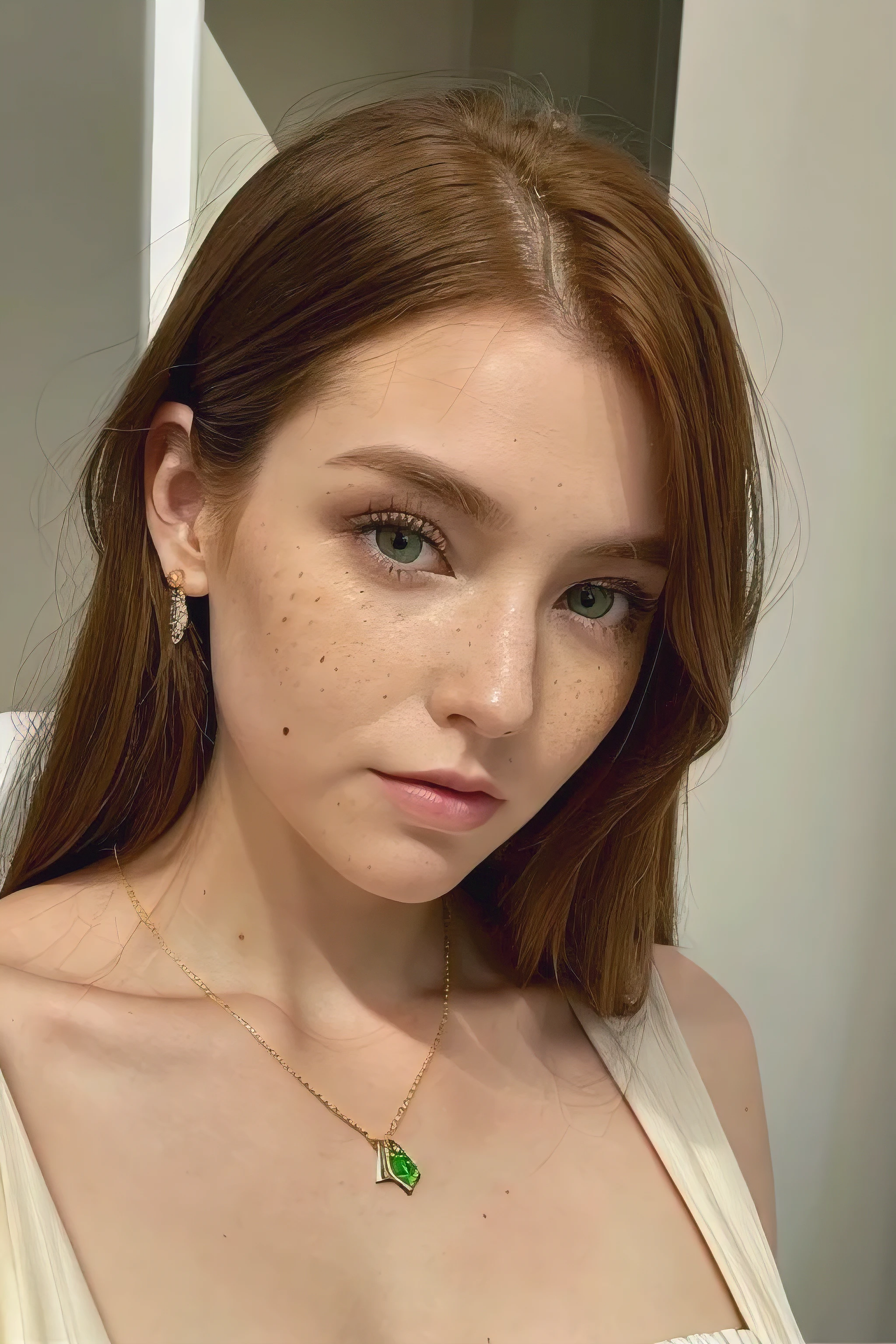 26 year old woman with ginger hair, green eyes, diamond face shape, small nose, freckles and gold necklace