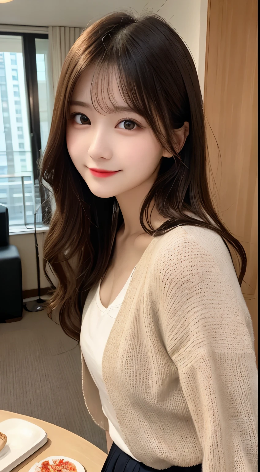 table top, highest quality, shape, Super detailed, finely, High resolution, 8k wallpaper, 完璧なダイナミックな構shape, beautiful and detailed eyes, small breasts, natural color lip, ランダムなsexy pose,smile,20 year old girl、Beautiful and dense face、perfect and beautiful face,Big eyes、real photos(best image quality),cute face、cute、cardigan、shirt、pleated skirt、Blurred tower apartment living room background、sexy pose