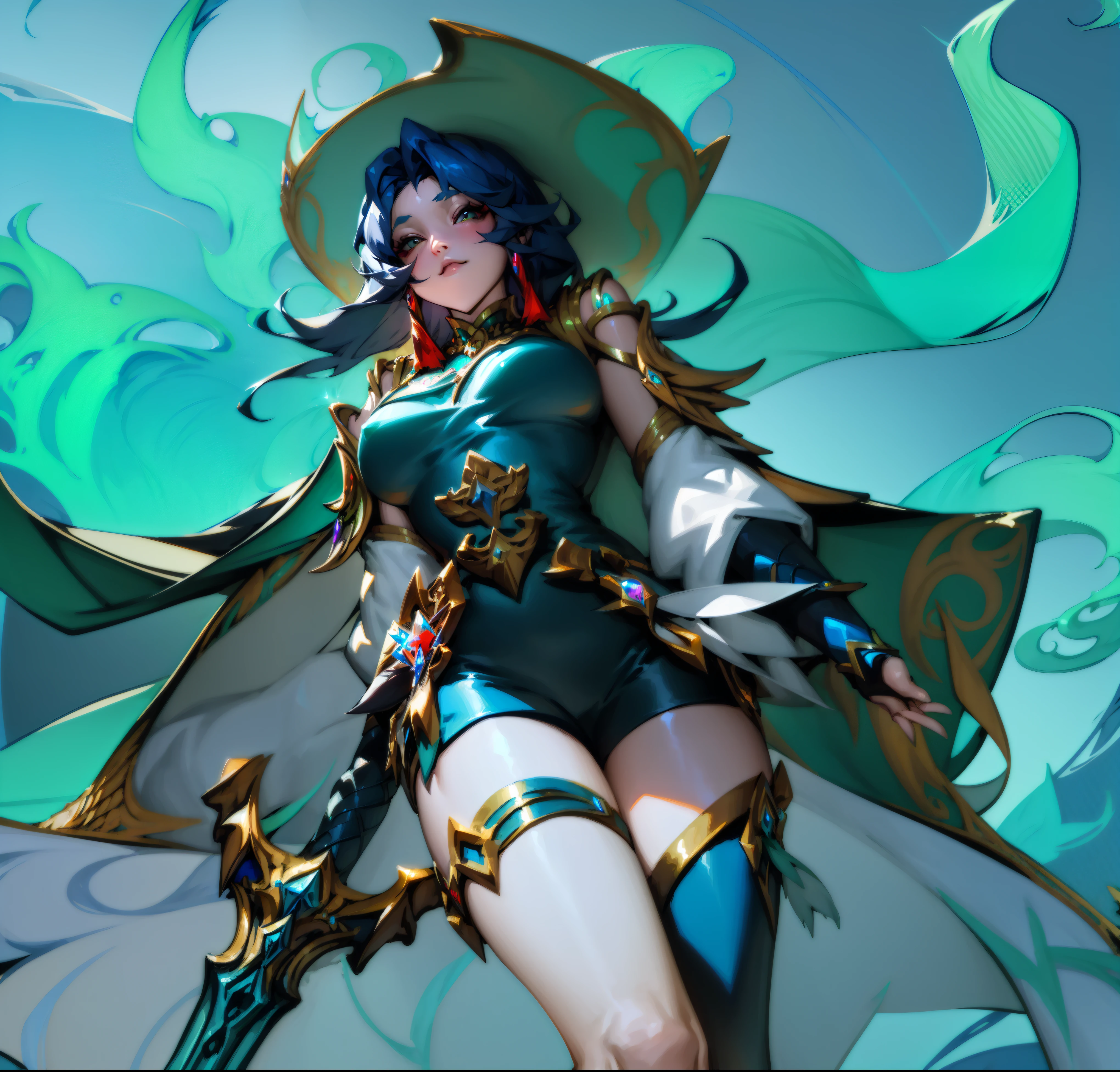 a female character, Queen of the Sea Mu Yanling, character splash art, League of Legends style, League of Legends art style, wild rift, Legends of Runeterra, mobile legends, g liulian art style, Official splash art,in the sea，huge wave，League of Legends art style, Official splash art, From League of Legends, League of Legends style艺术,Style ivan talavera and artgerm, fantasy art style, zanlatalia, character splash art，Blue atmosphere，cool color，Equipment overview，Clearly depicted，good quality