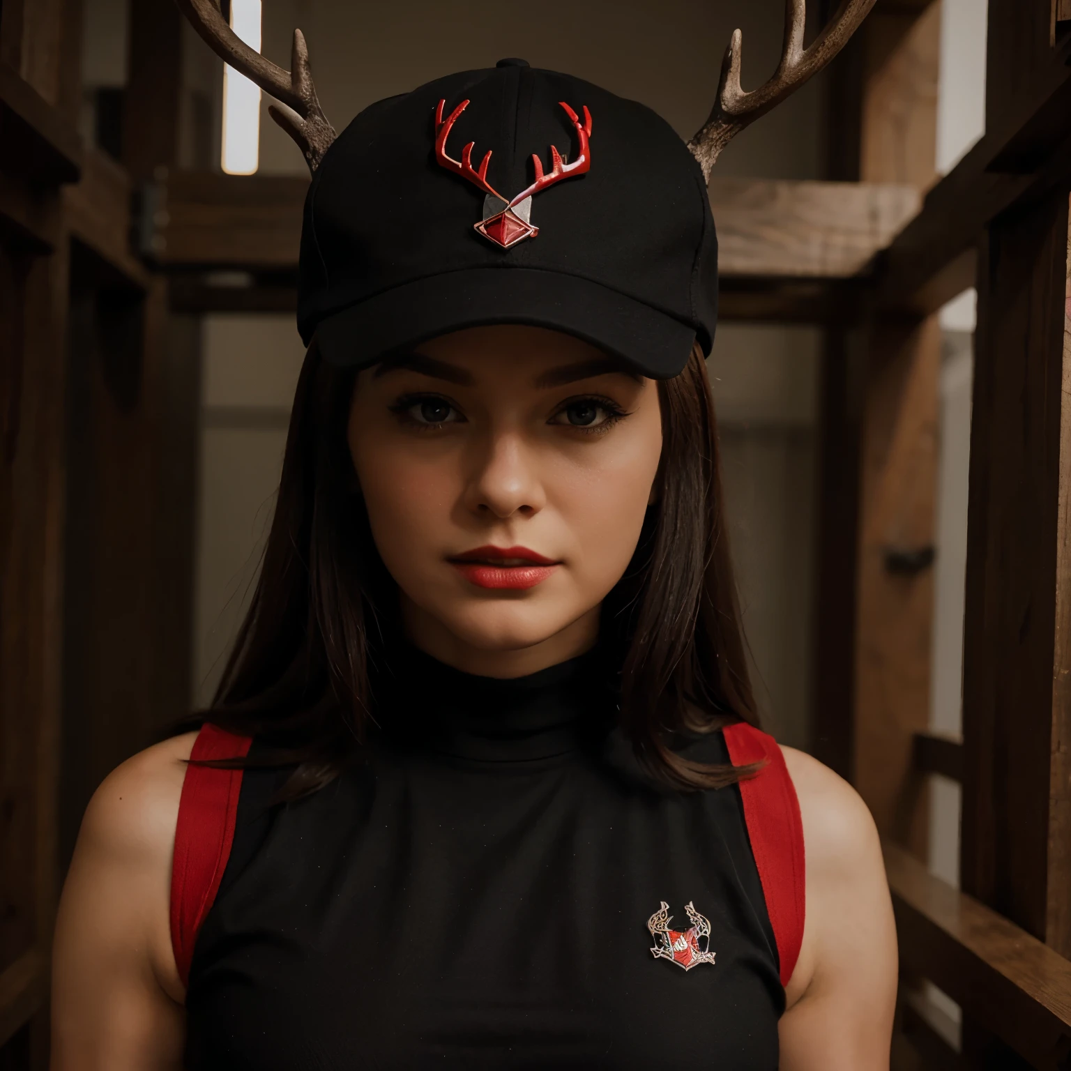 a strong and brave design for cap , black and red , have a deer's horn design
