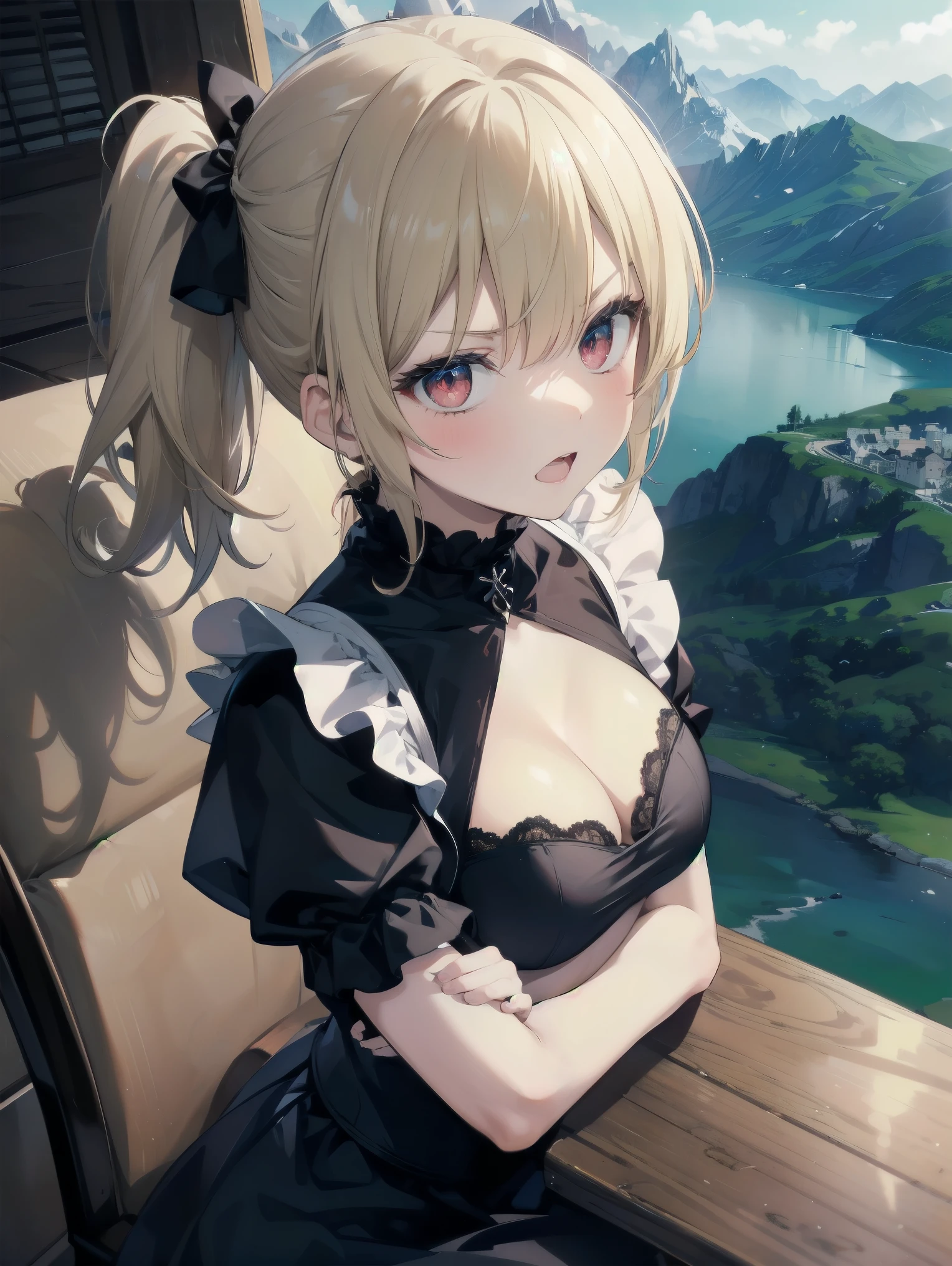 (Masterpiece: 1. 2), (Top quality: 1. 2), Perfect eyes, Perfect face, Perfect lighting, Mountain horizon, Beautiful girl like boy, Blonde hair, Upper body, Cleavage, Red eyes, Braids, Side ponytail, Bangs, Bobbed hair, Ahoy hair, Cute eyes, Great bust, (From bottom), Raw description, Orgasm, Scary, Erotic Bitch Virgin, Angry, Sideways, Bewitching, Gothic Maid, Sitting, Arms Crossed, (from above: 1. 3),.